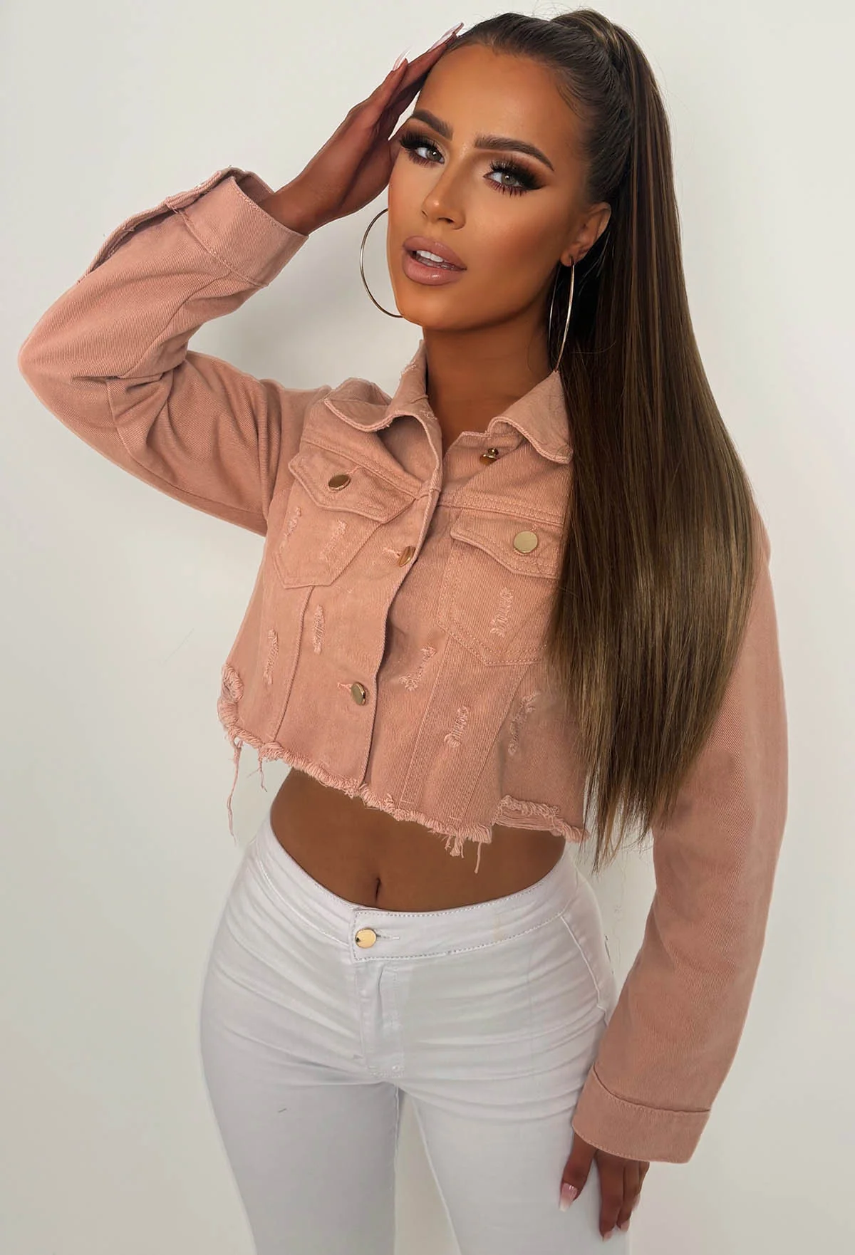 Frayed To See You Light Pink Stretch Cut Off Denim Jacket - Image 3