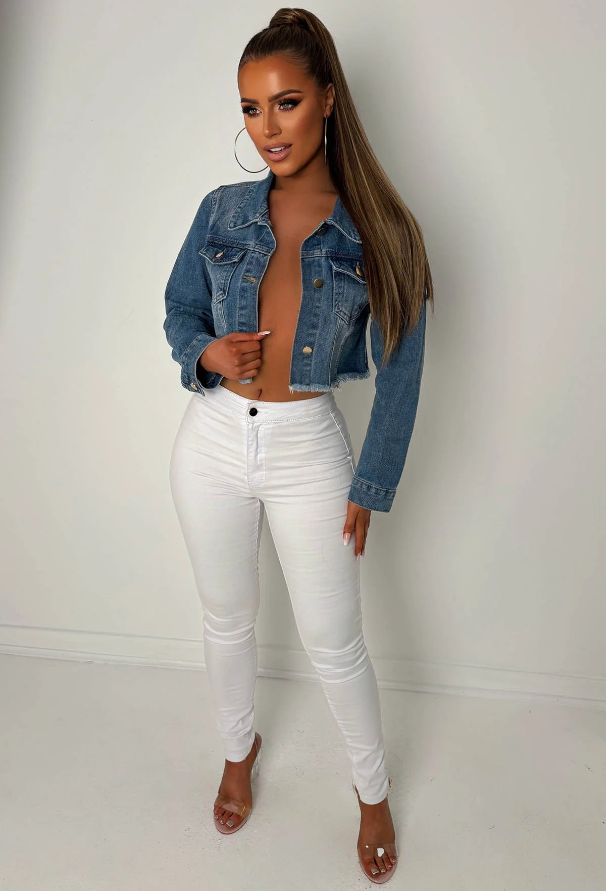 Frayed To See You Mid Blue Frayed Cropped Denim Jacket - Image 3