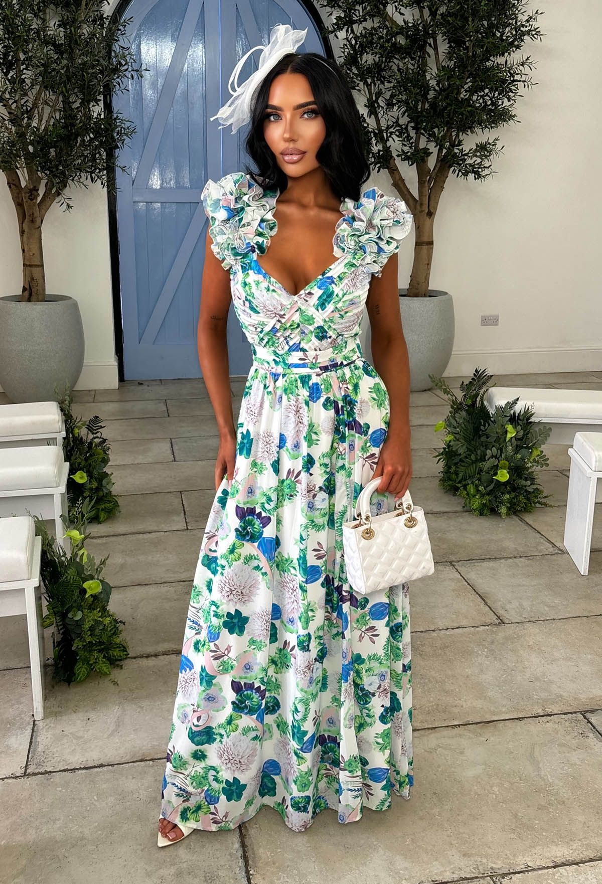 Frill Fantasy Blue Frill Shoulder Floral Maxi Dress - Image 4