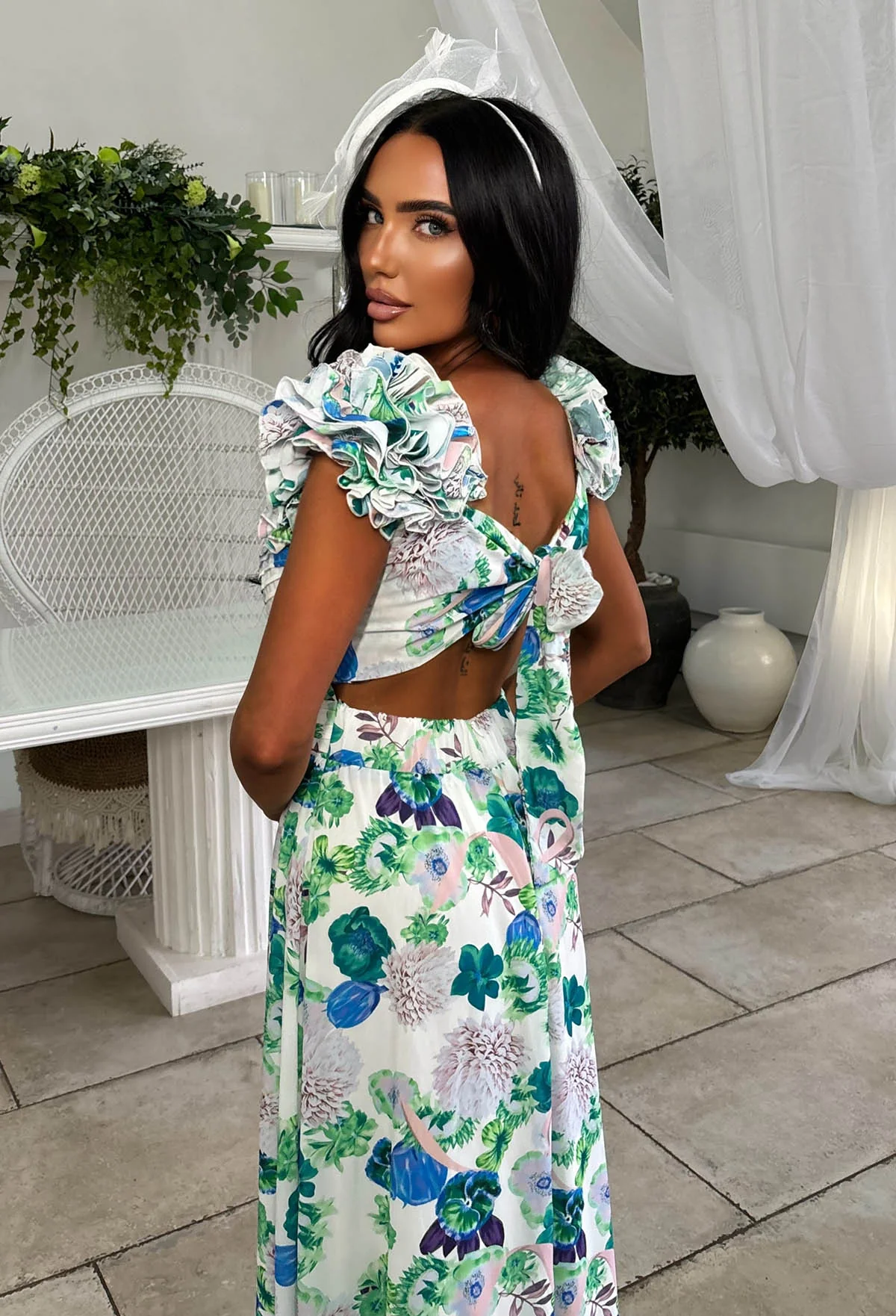 Frill Fantasy Blue Frill Shoulder Floral Maxi Dress - Image 5