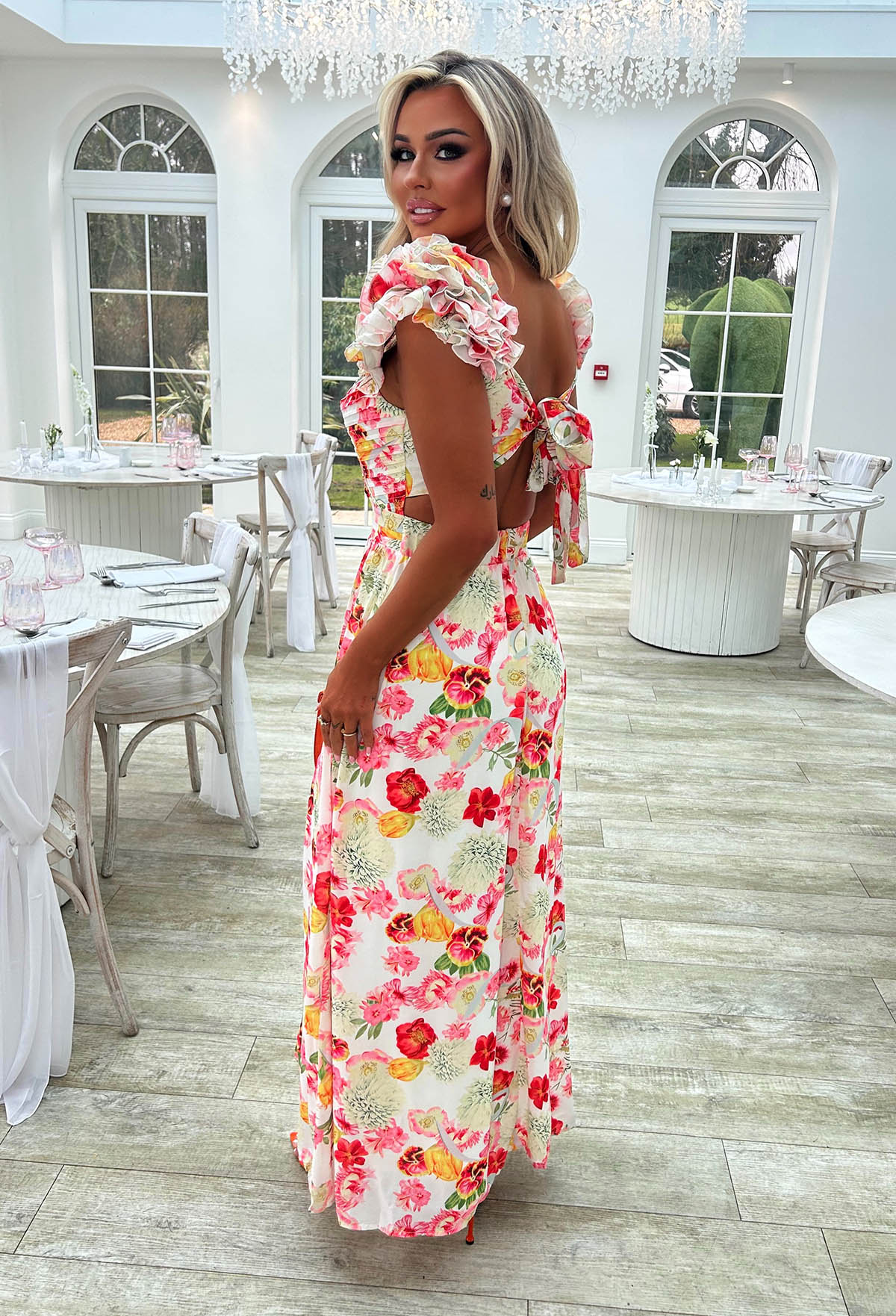 Frill Fantasy Pink Frill Shoulder Floral Maxi Dress - Image 3
