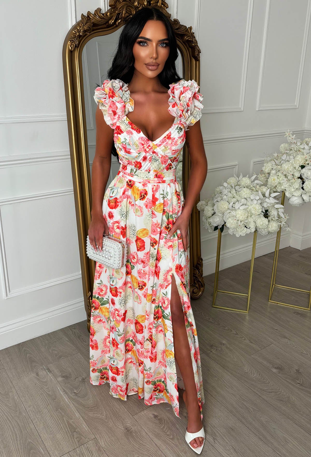 Frill Fantasy Pink Frill Shoulder Floral Maxi Dress - Image 4
