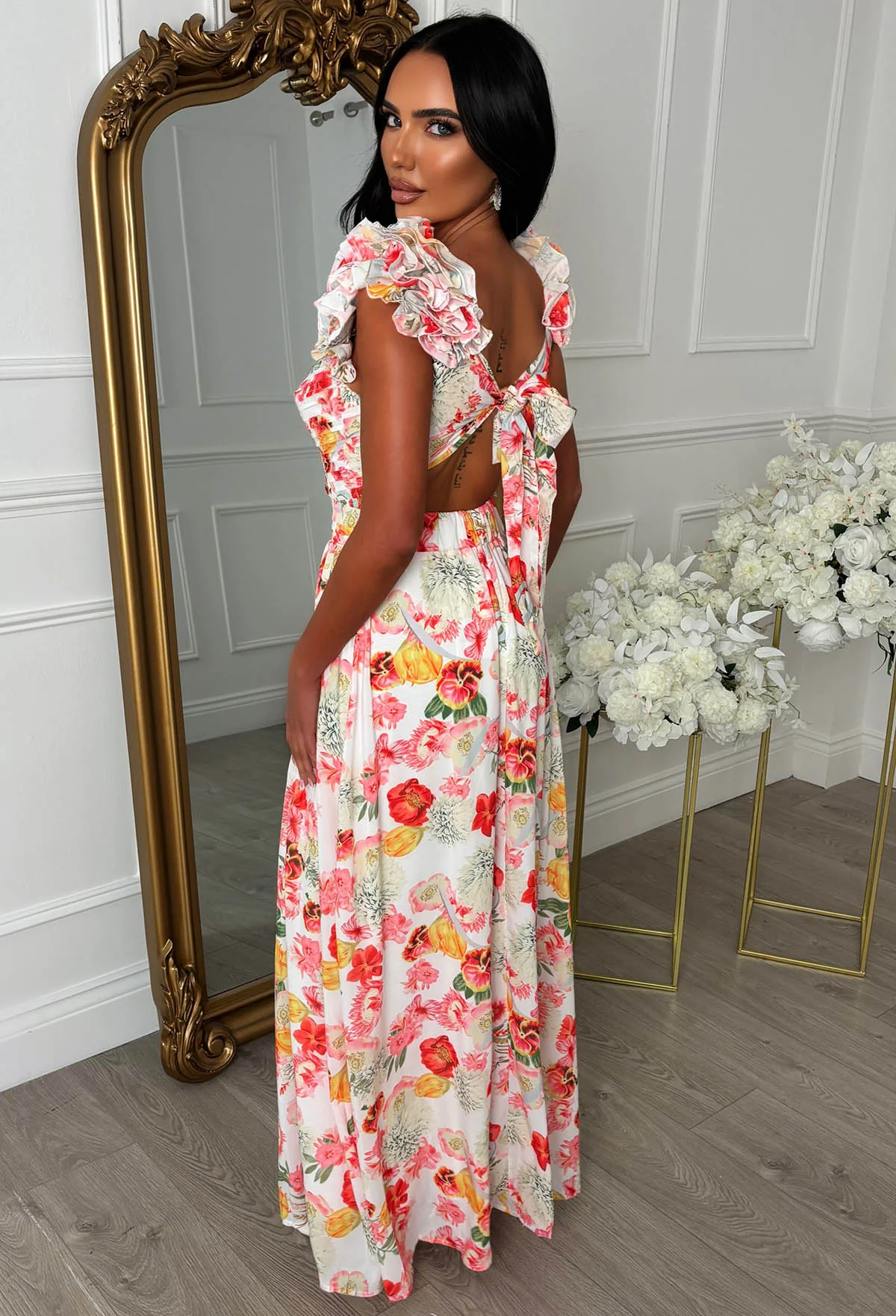 Frill Fantasy Pink Frill Shoulder Floral Maxi Dress - Image 5