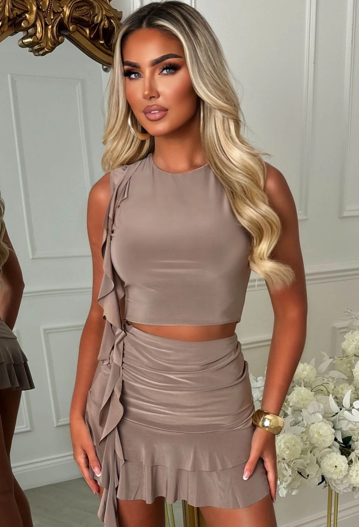 Frilling Beauty Mocha Frill Detail Slinky Mini Skirt Co-ord Set - Image 2
