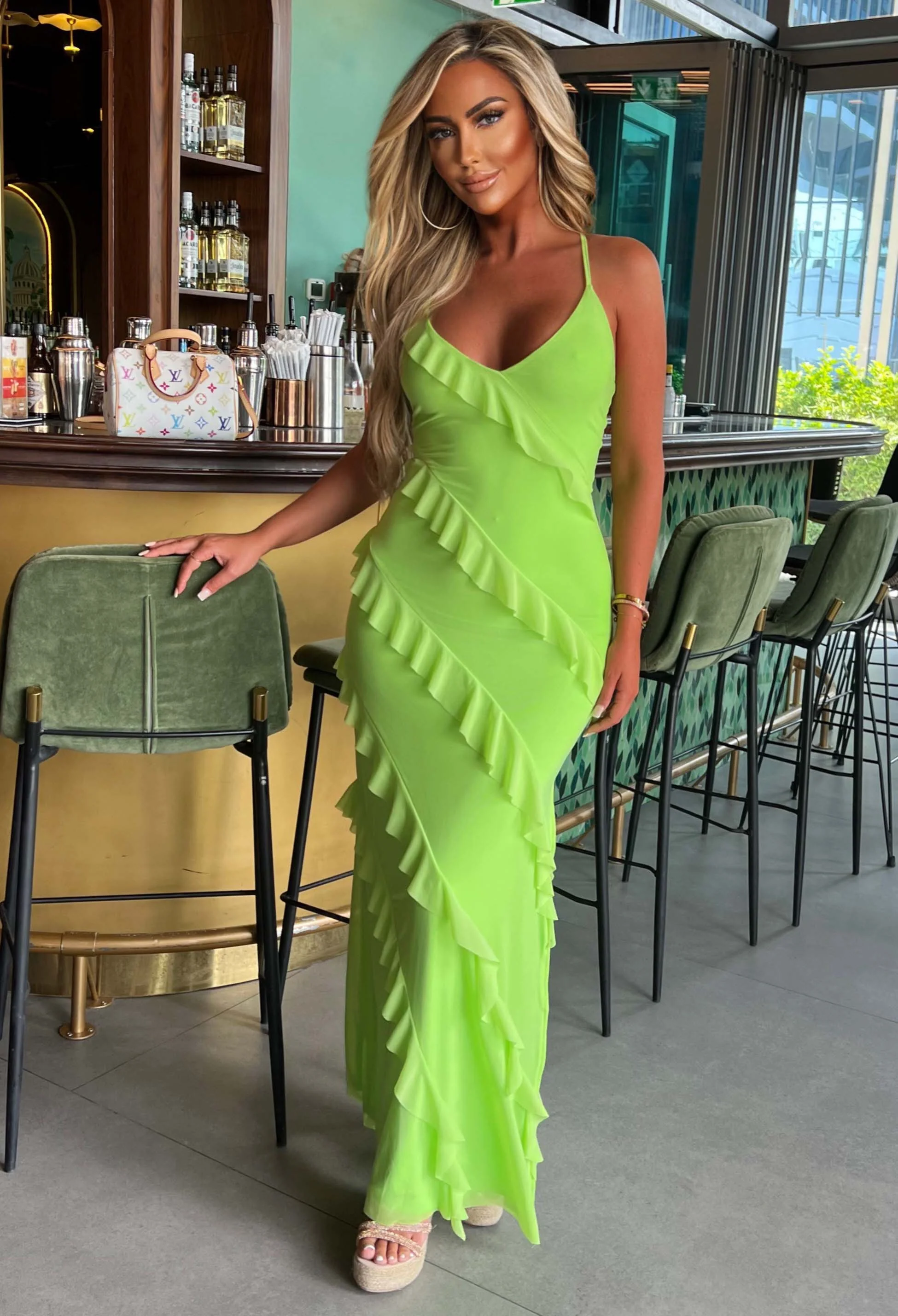 Frilling Temptation Green Frilled Lace Up Back Cami Maxi Dress - Image 4