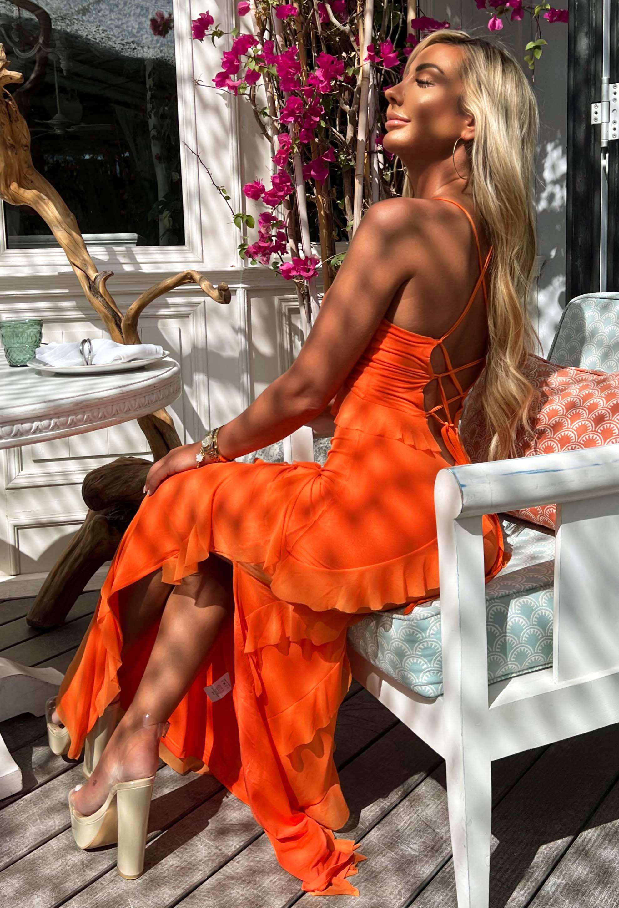 Frilling Temptation Orange Frilled Lace Up Back Cami Maxi Dress - Image 3