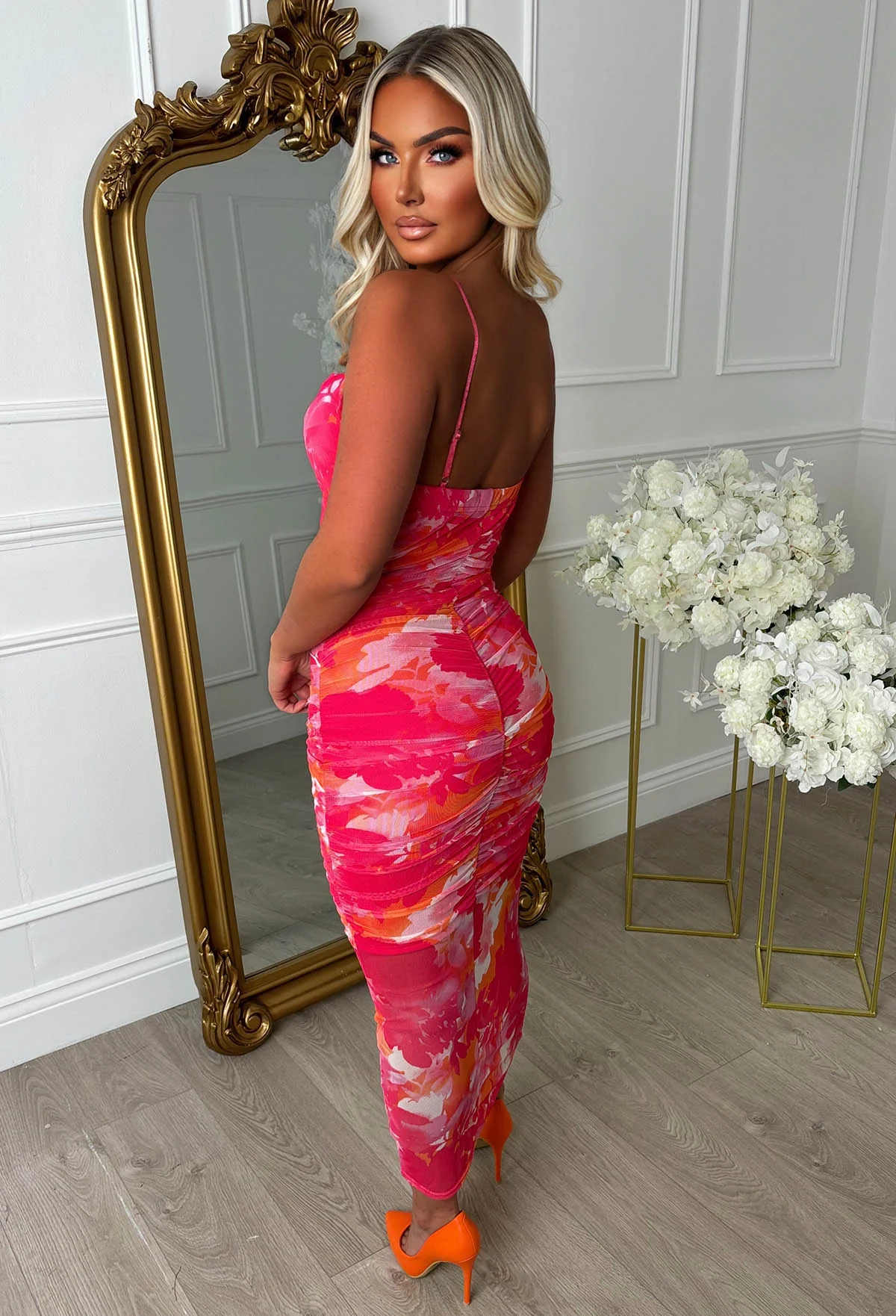 Fruity Tutti Pink Printed Cowl Neck Mesh Cami Midi Dress - Image 2