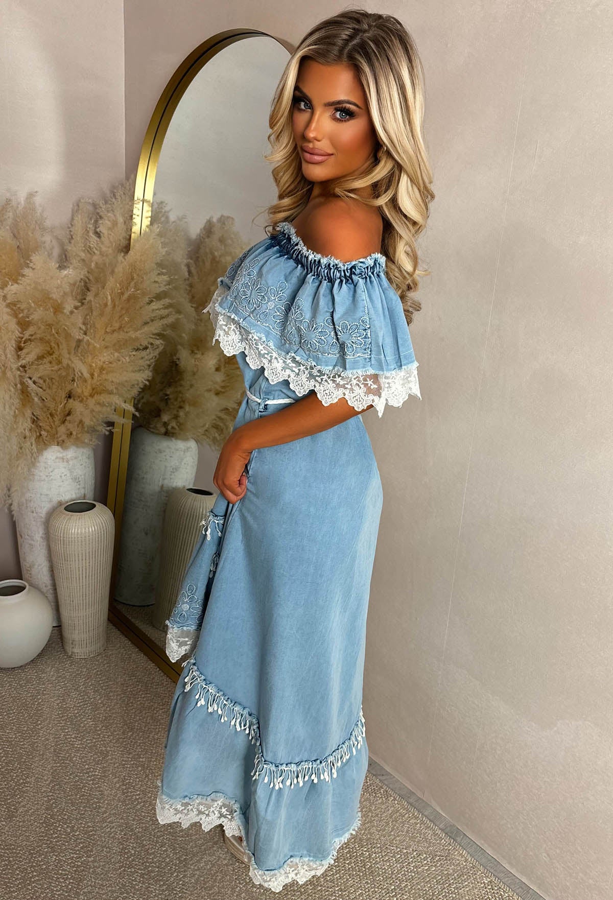 Fun To Flirt Blue Bardot Boho Lace Trim Chambray Dress - Image 2