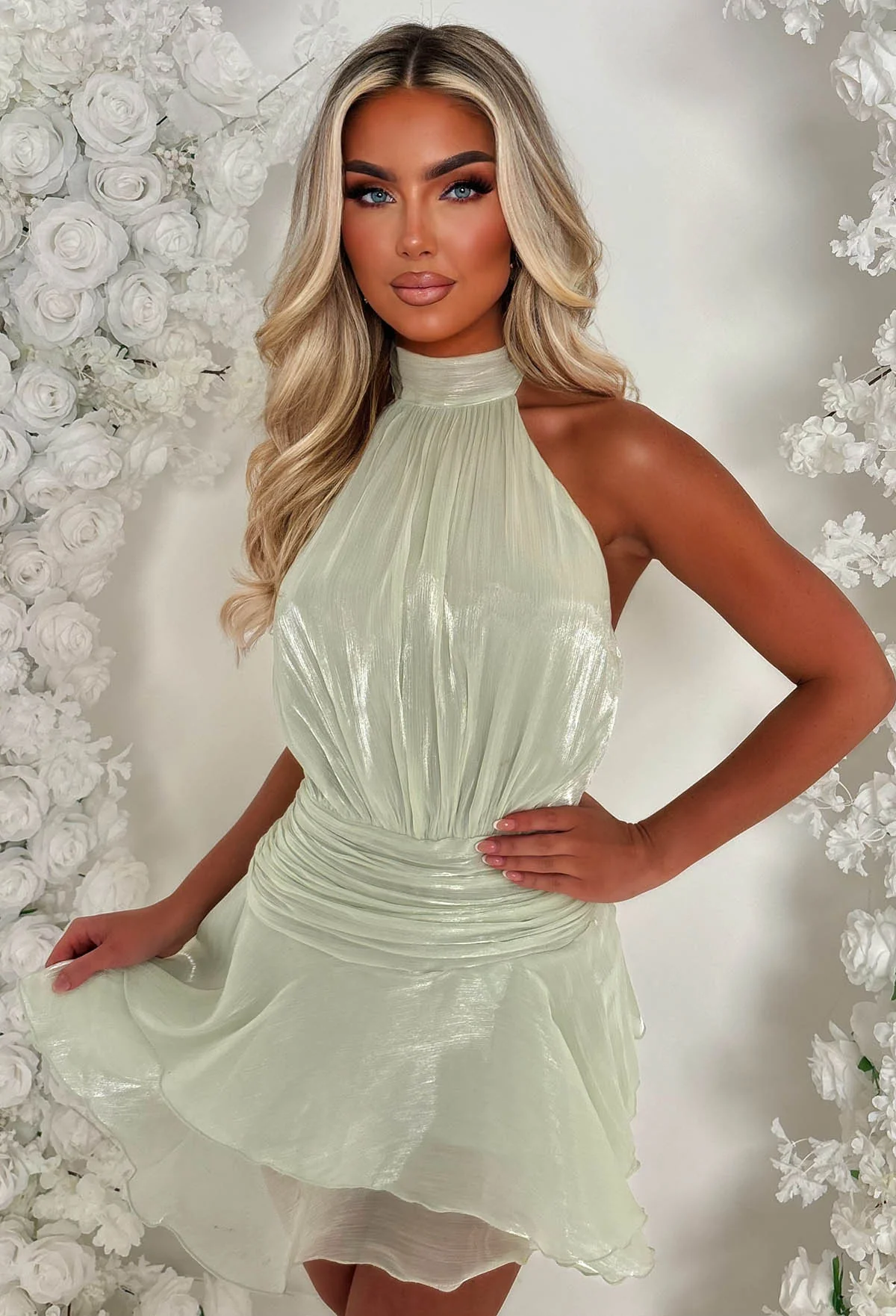 Gathered For Glam Sage Halter Ruffle Mini Dress - Image 3