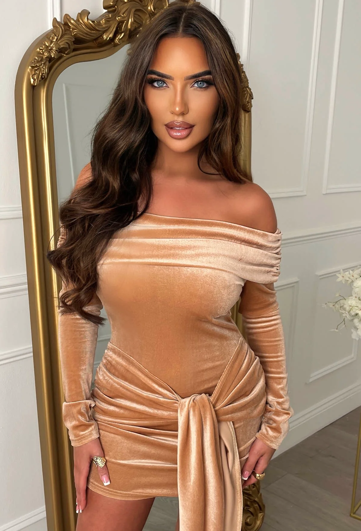 Ginny Rose Gold Velvet Tie Front Off The Shoulder Mini Dress - Image 3