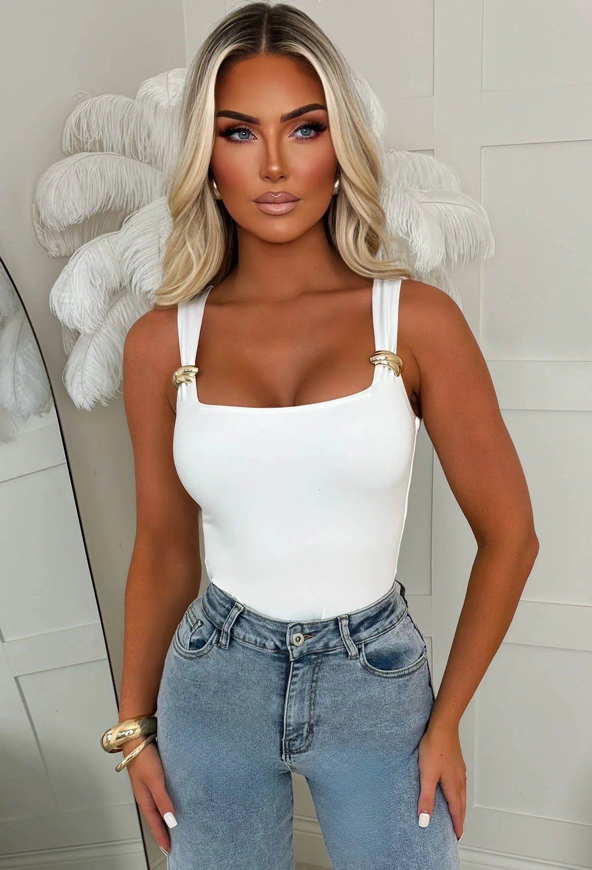 Girl Crush White Gold Buckle Stretch Bodysuit - Image 2