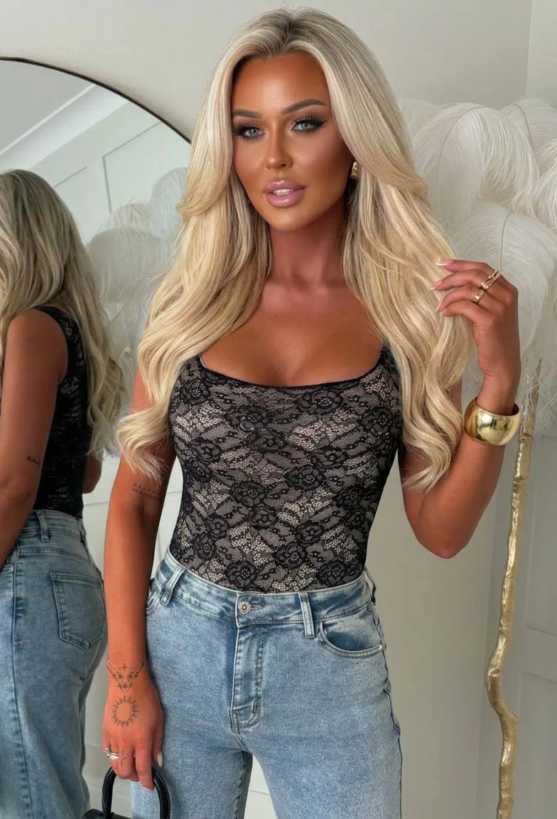 Girl Math Black Lace Square Neck Bodysuit