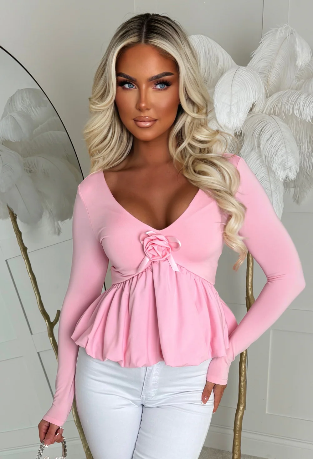 Girly Luxe Light Pink Corsage Puff Ball Stretch Top