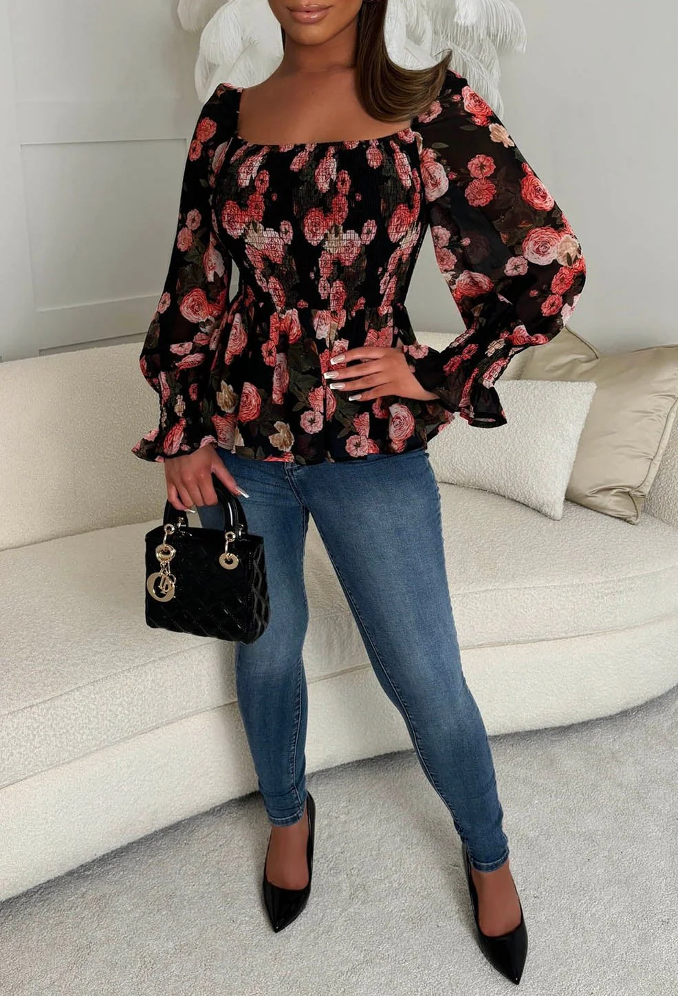 Give Me Notice Black Floral Shirred Square Neck Blouse - Image 2
