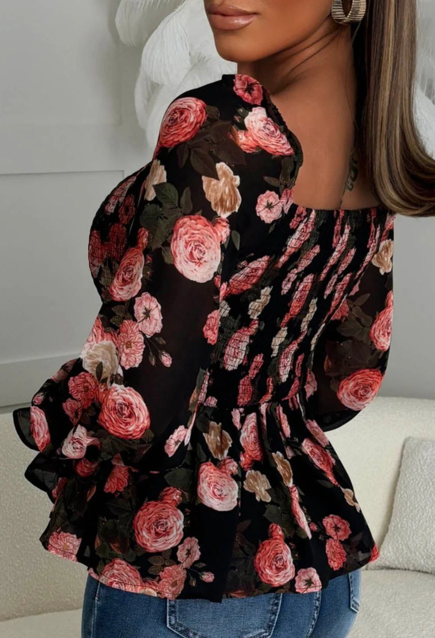 Give Me Notice Black Floral Shirred Square Neck Blouse - Image 3