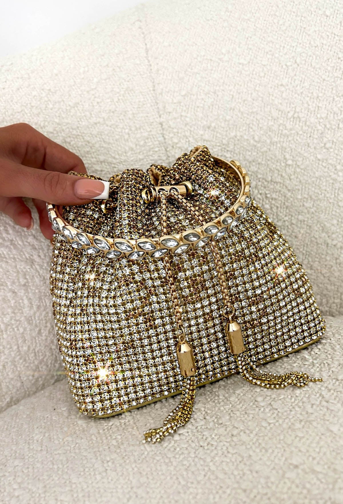 Glam Charm Gold Crystal Bucket Bag - Image 2