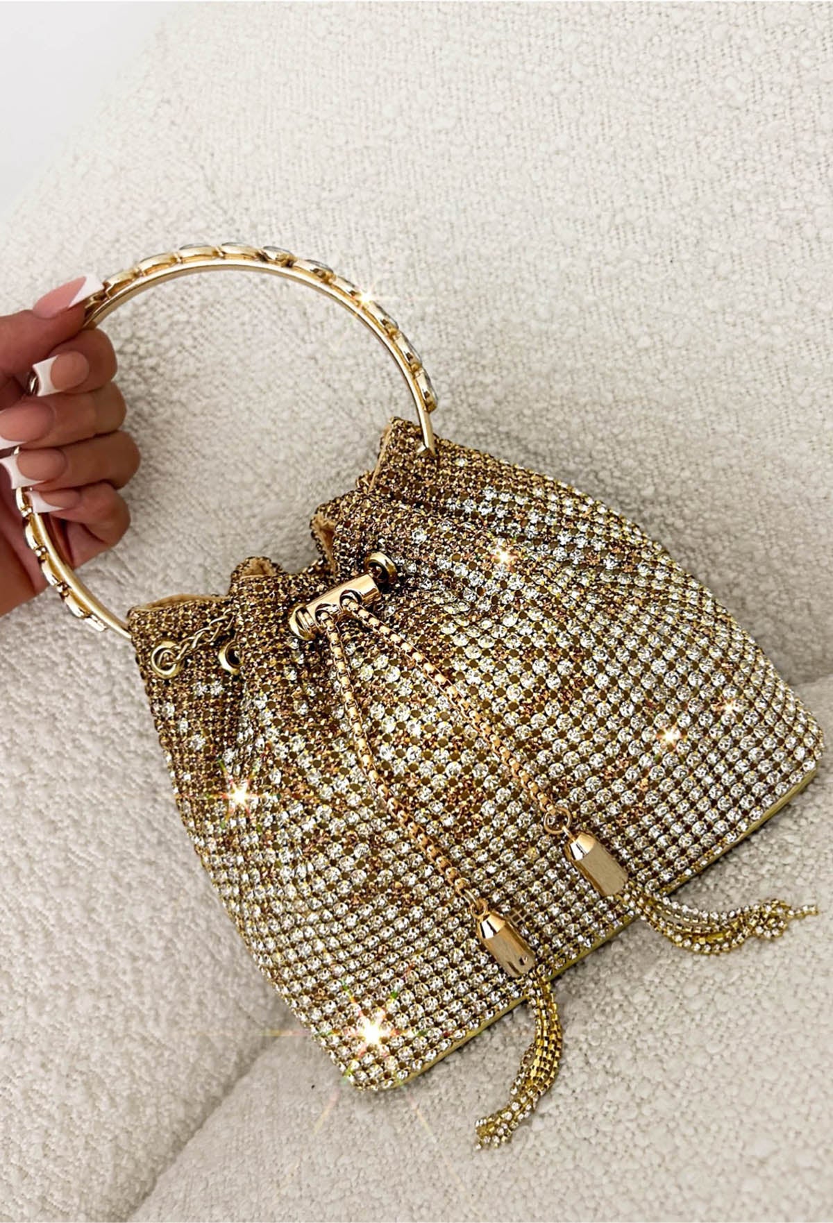 Glam Charm Gold Crystal Bucket Bag - Image 3