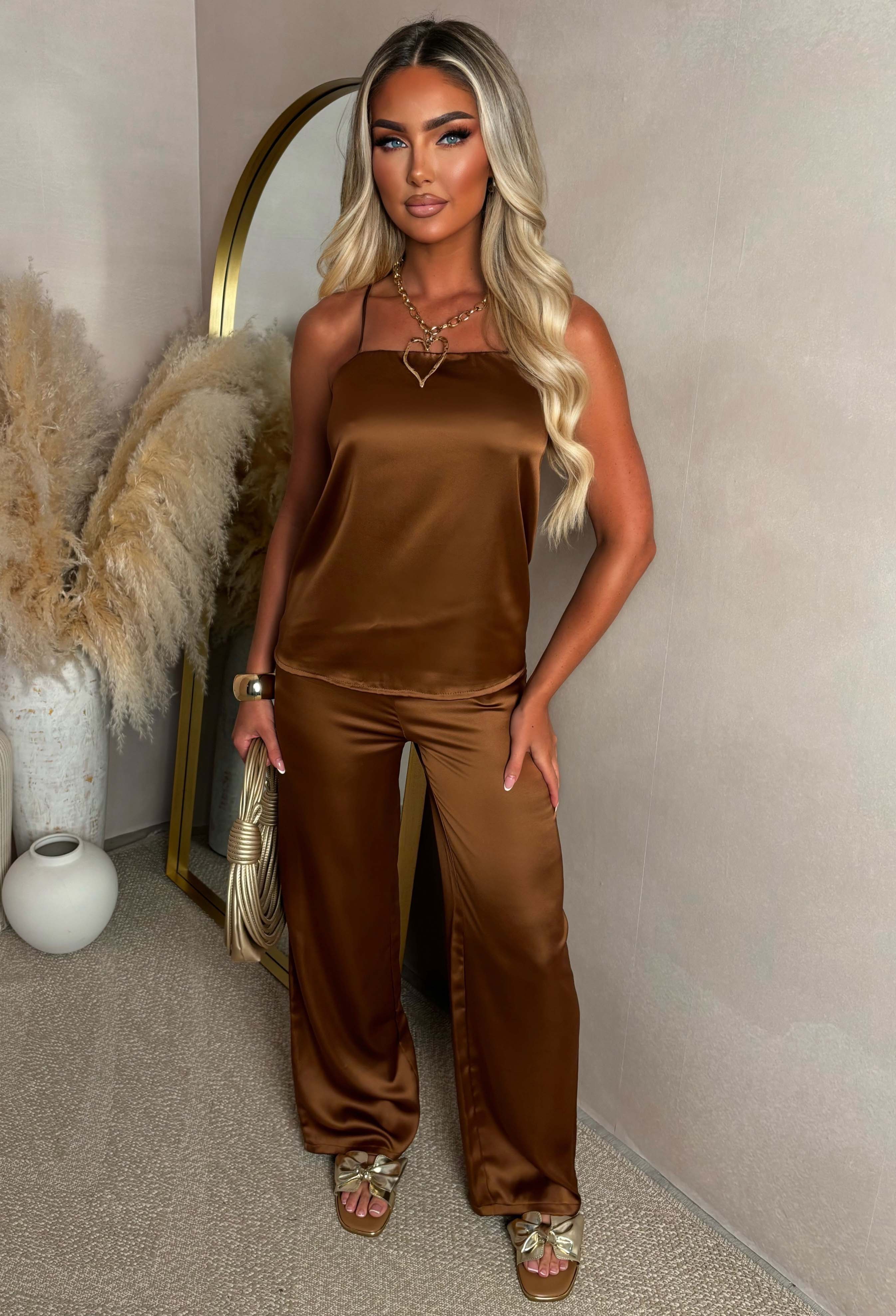 Glam In Monaco Chocolate Brown Satin Cami & Trouser Co-Ord Set - Image 3