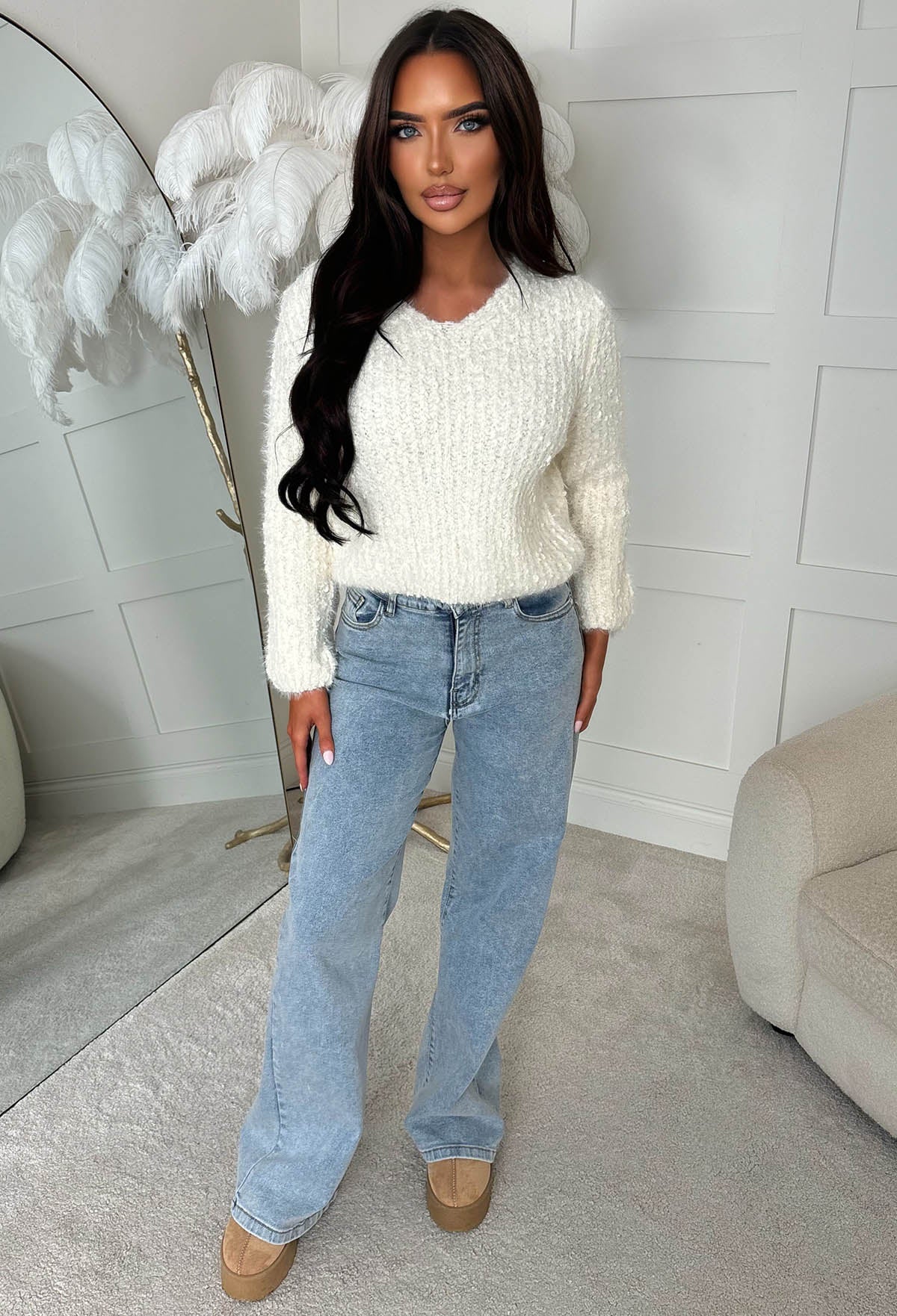 Glam Touch Cream Ultra Soft Fluffy Cropped Jumper - Image 3
