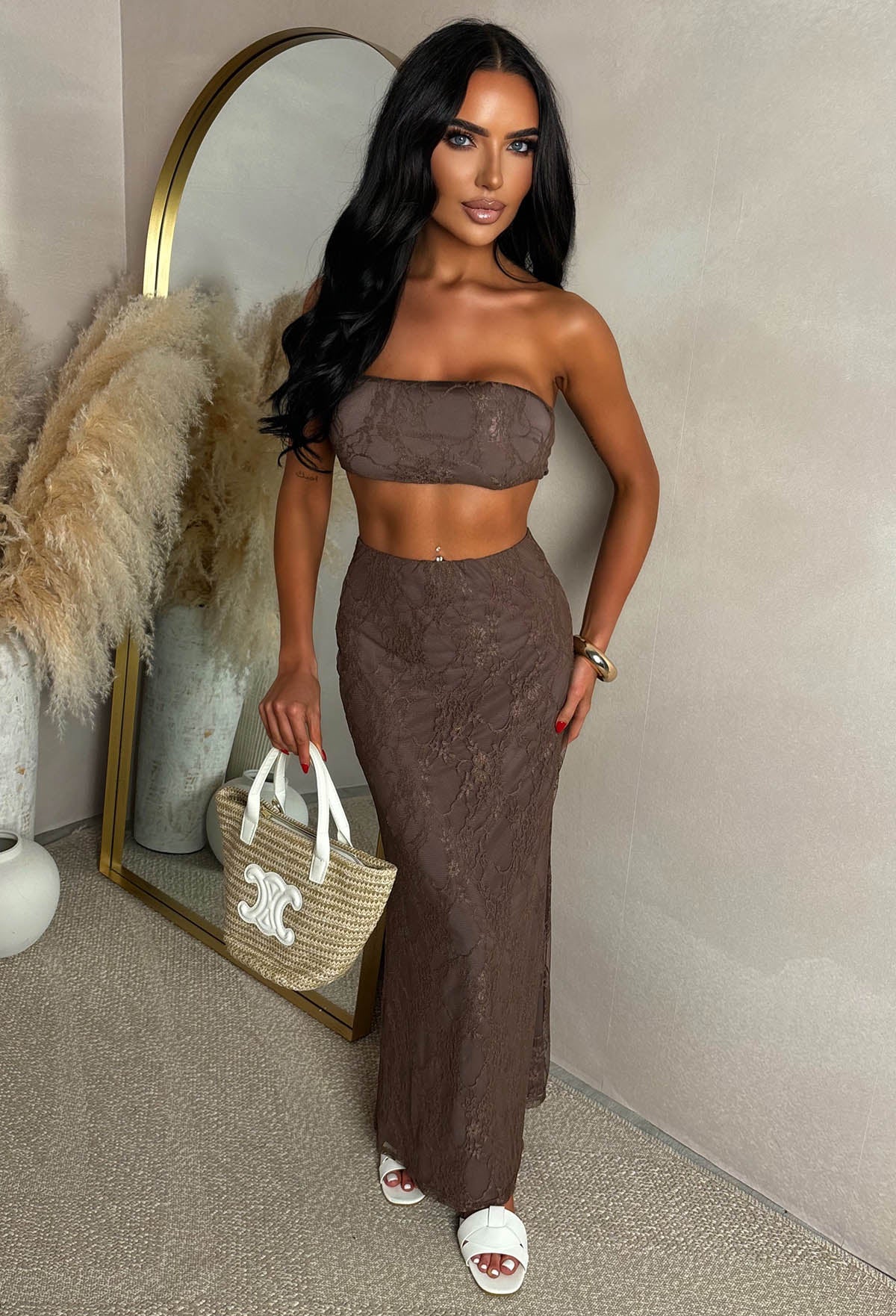 Glamorous As Ever Brown Lace Bandeau Top & Maxi Skirt Co-Ord Set - Image 3