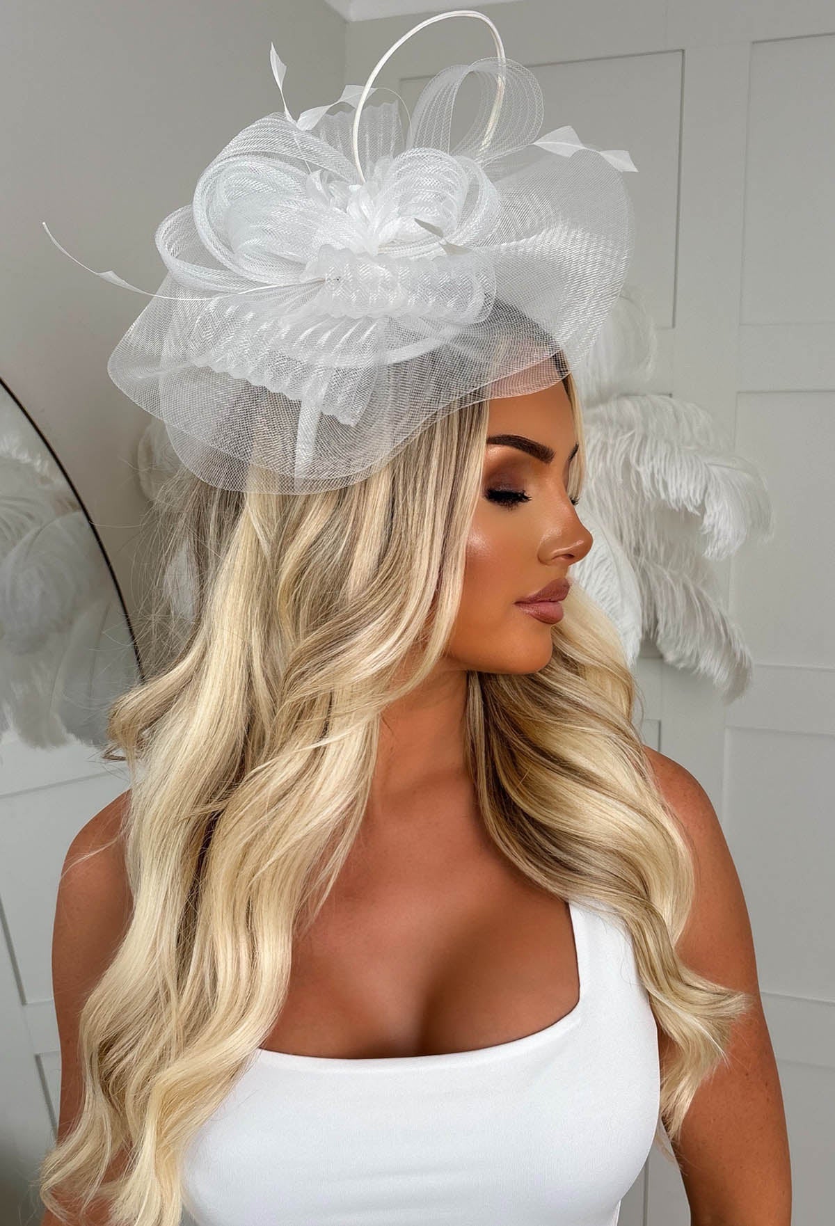 Glamour Forever White Mesh Veil Fascinator - Image 3