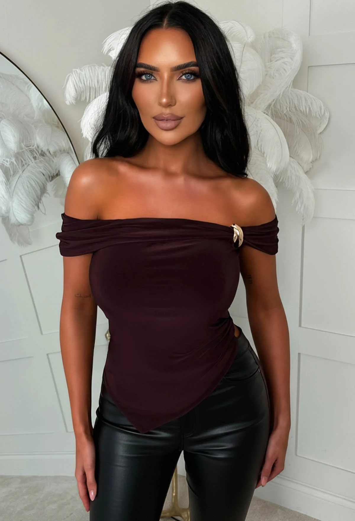 Gleam Curve Brown Bardot Gold Detail Asymmetric Top - Image 3