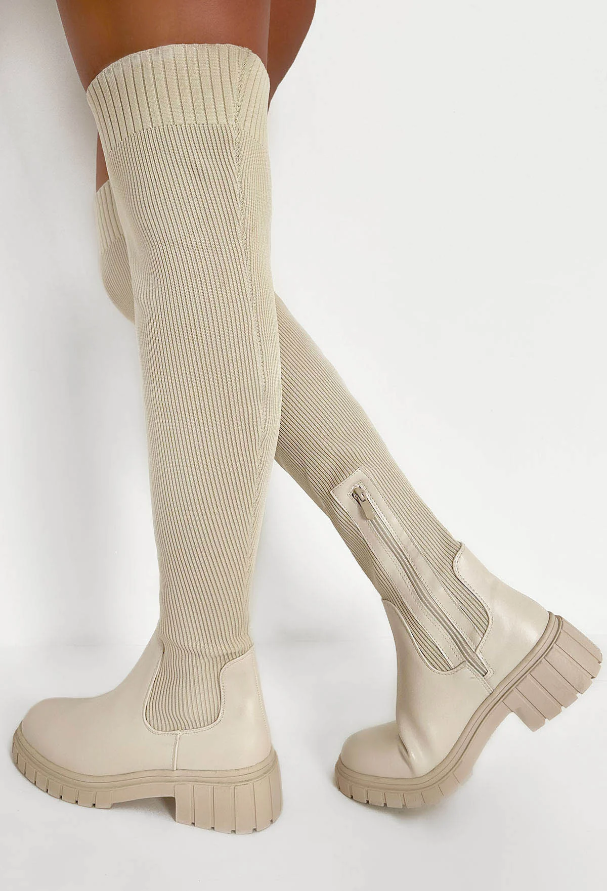 Glimpse Of Us Cream Rib Knit Chunky Flat Thigh High Boots - Image 2