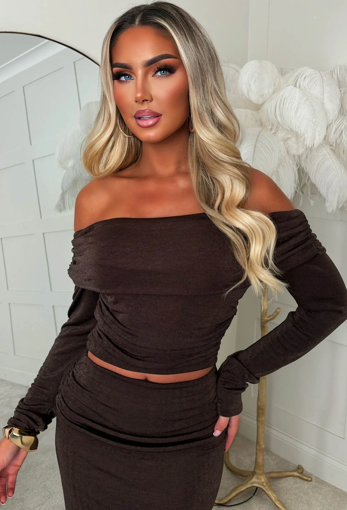 Glints Of Gorg Brown Acetate Top & Midi Skirt Co-ord Set - Image 3