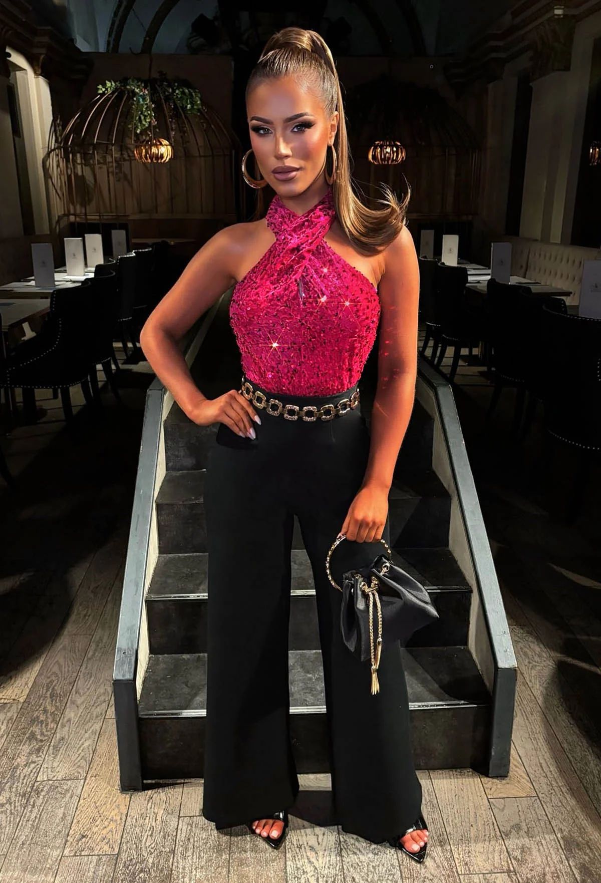 Glitzy Girl Fuchsia Sequin Halter Neck Bodysuit - Image 3