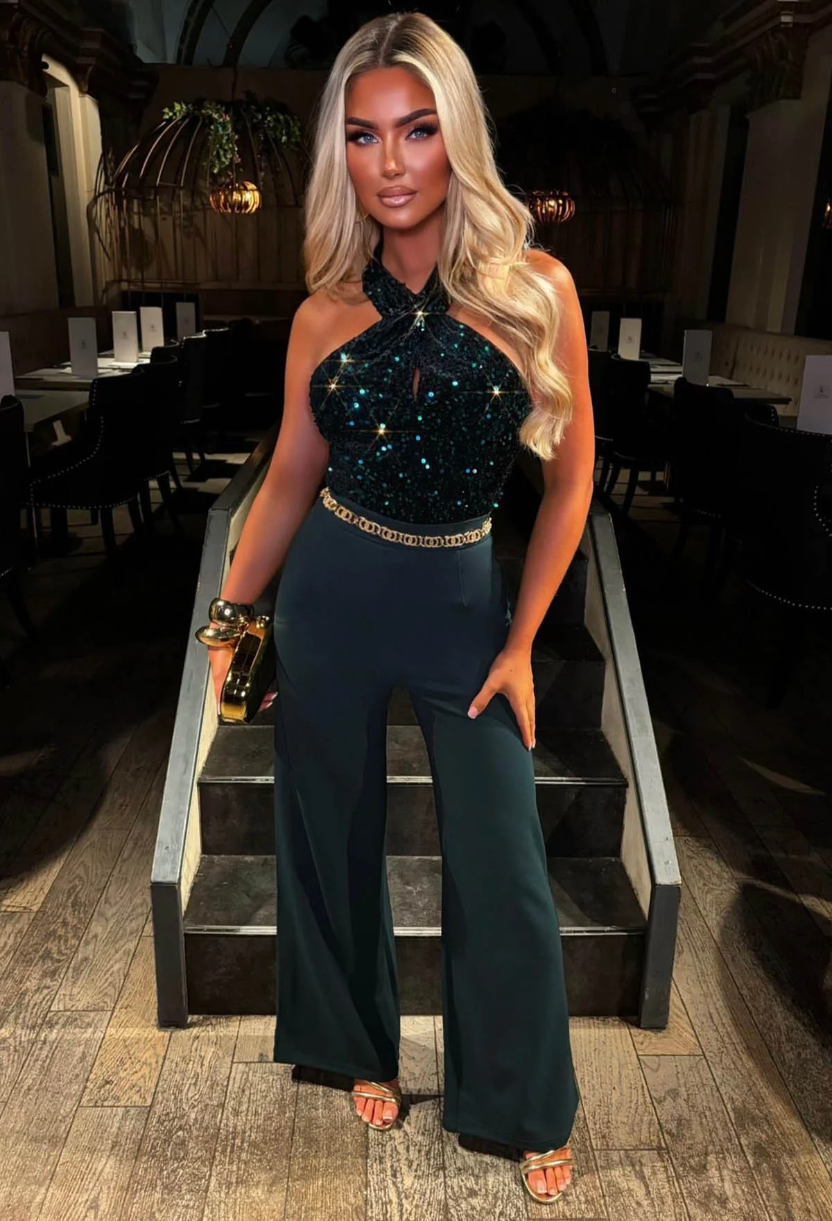Glitzy Girl Green Sequin Halter Neck Bodysuit - Image 3