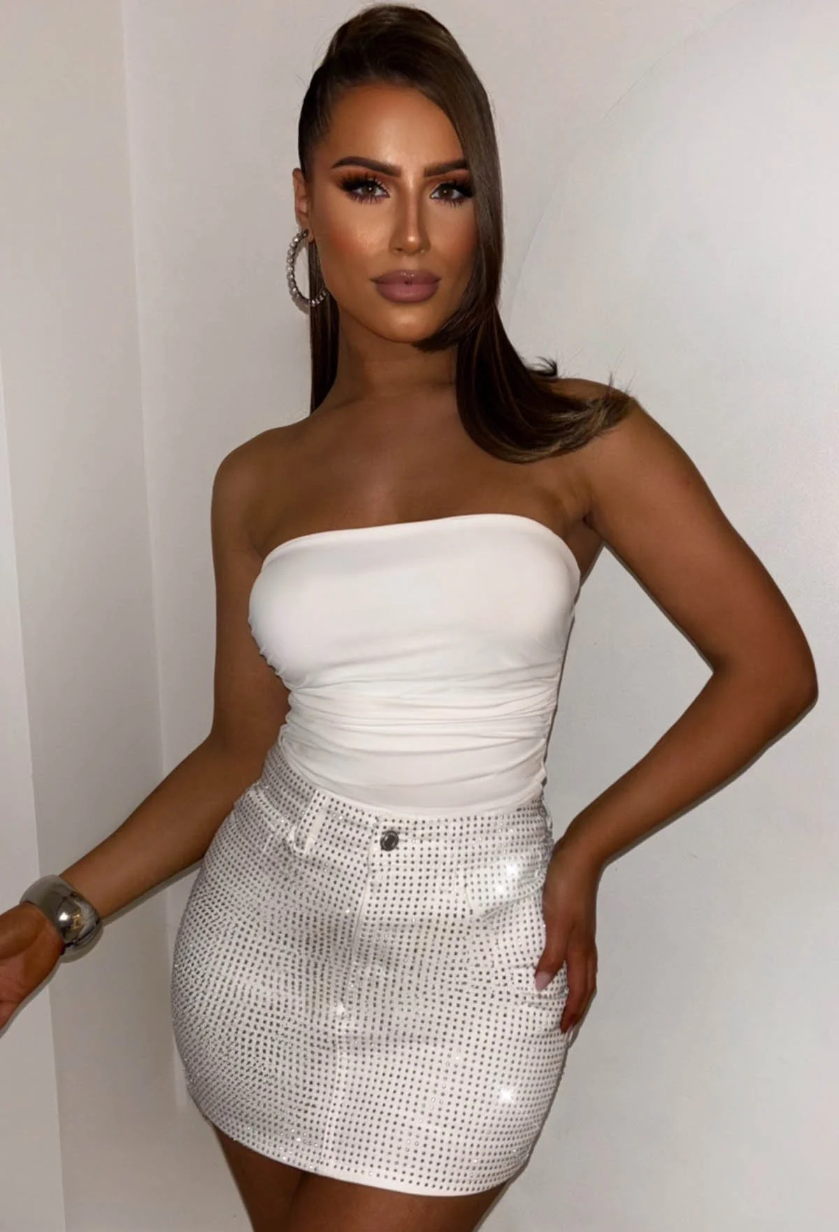 Glow Up White Stretch Sparkle Mini Skirt - Image 4