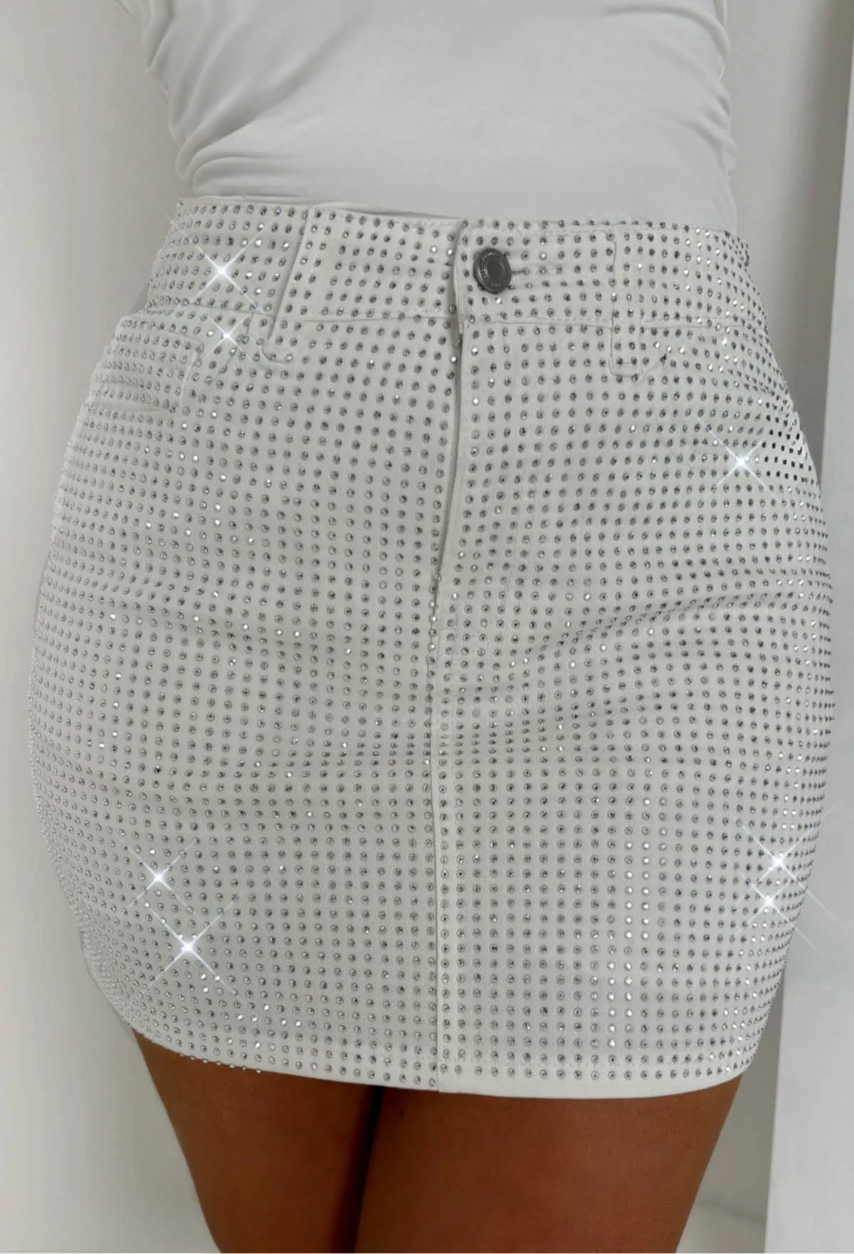 Glow Up White Stretch Sparkle Mini Skirt - Image 5