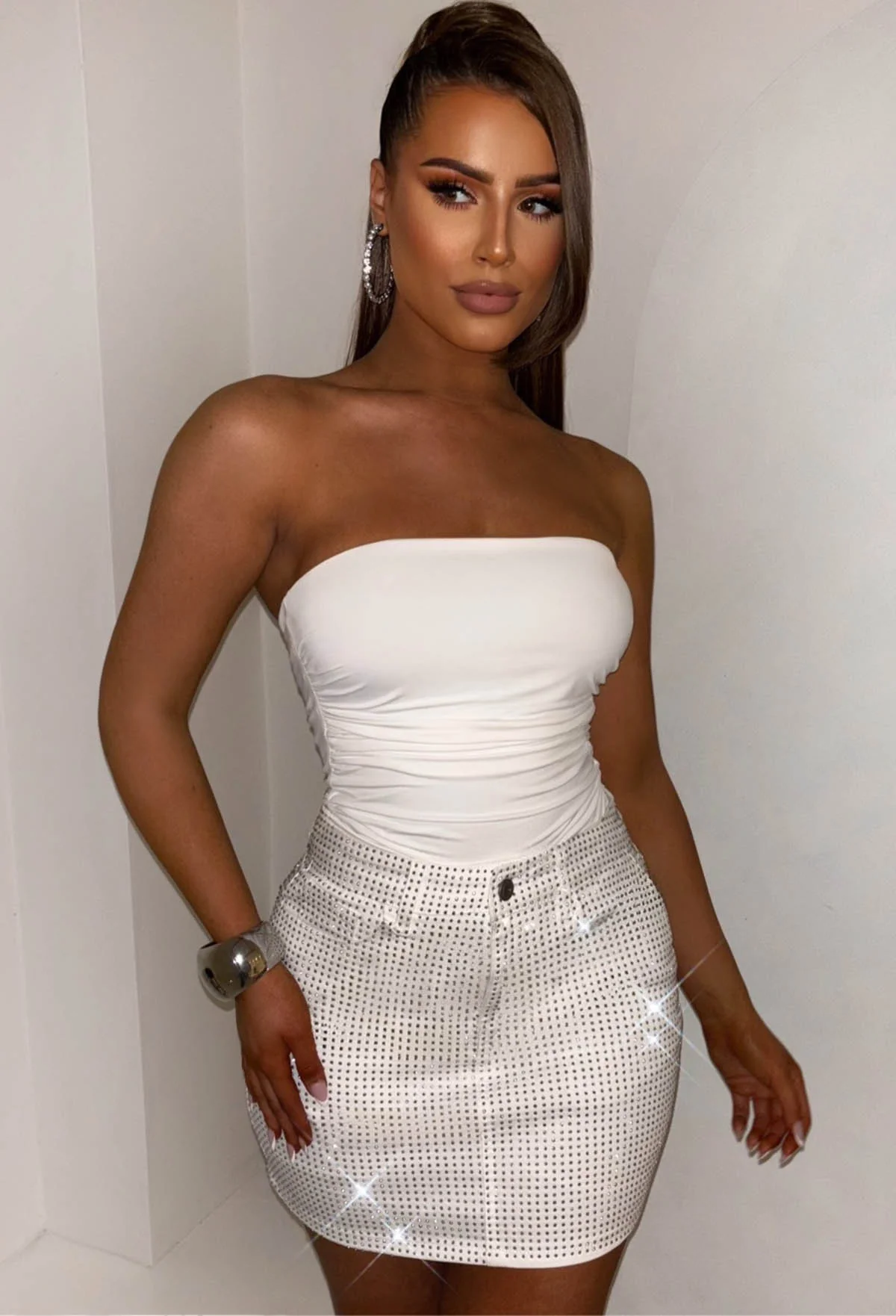 Glow Up White Stretch Sparkle Mini Skirt - Image 6
