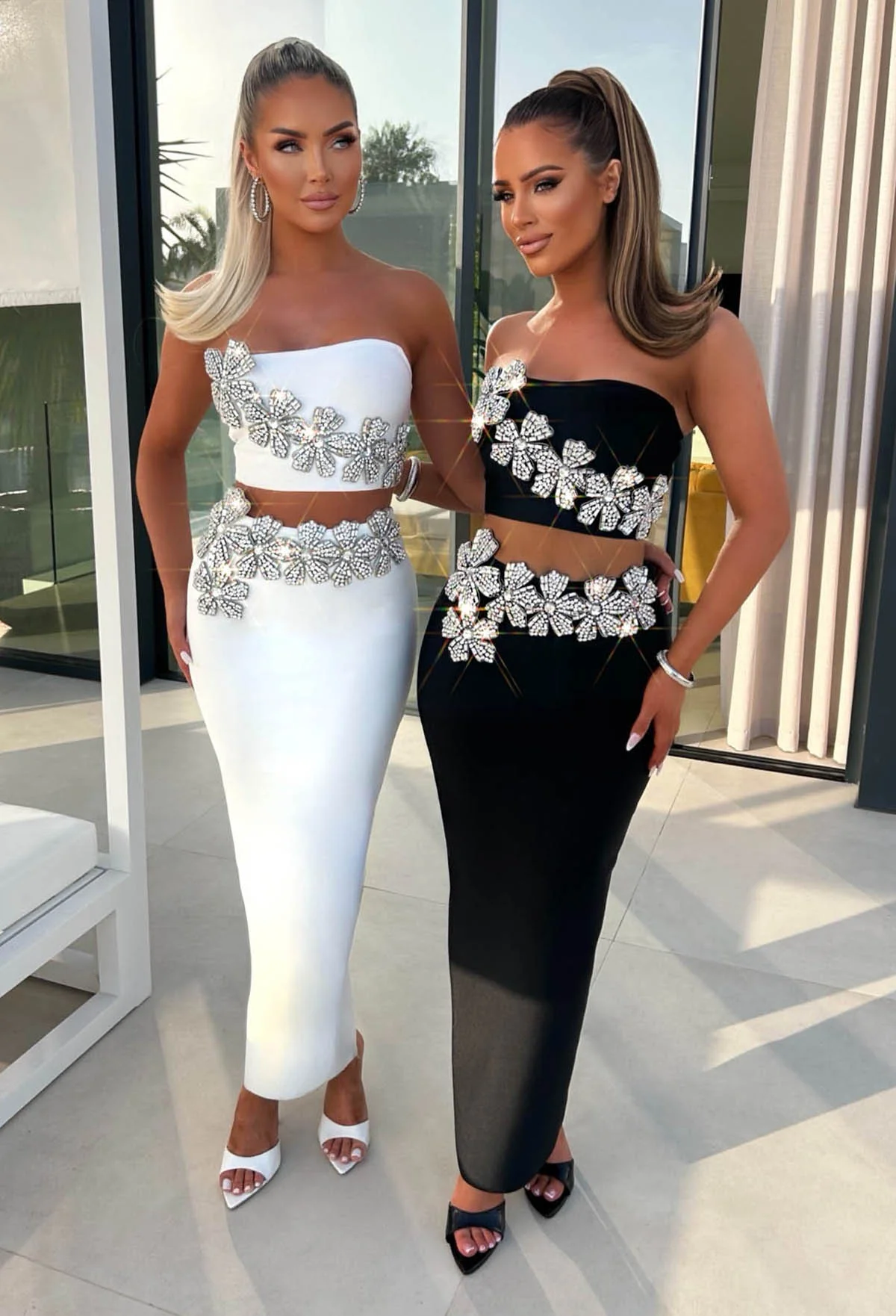 Goddess Mode On White Diamante Flower Maxi Skirt Co-Ord Set - Image 4