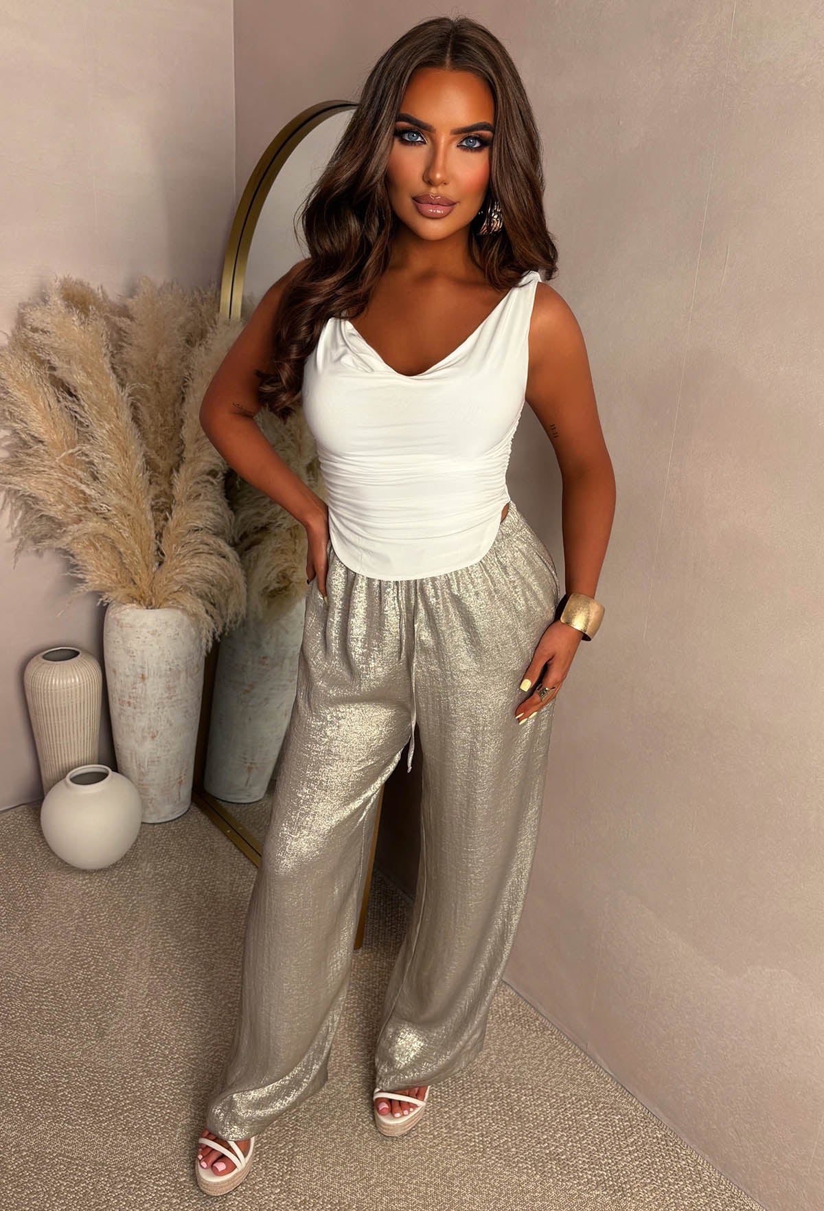Golden Glow Champagne Metallic Drawstring Straight Trousers - Image 2