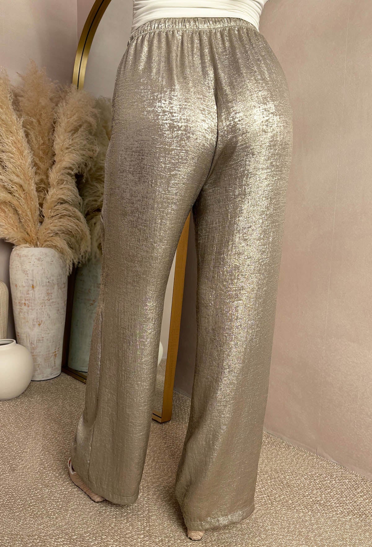 Golden Glow Champagne Metallic Drawstring Straight Trousers - Image 4