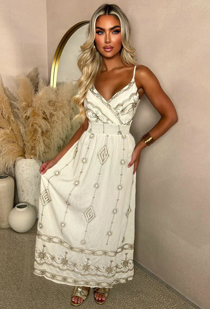 Golden Hour Babe Cream Gold Detail Cami Maxi Dress - Image 3