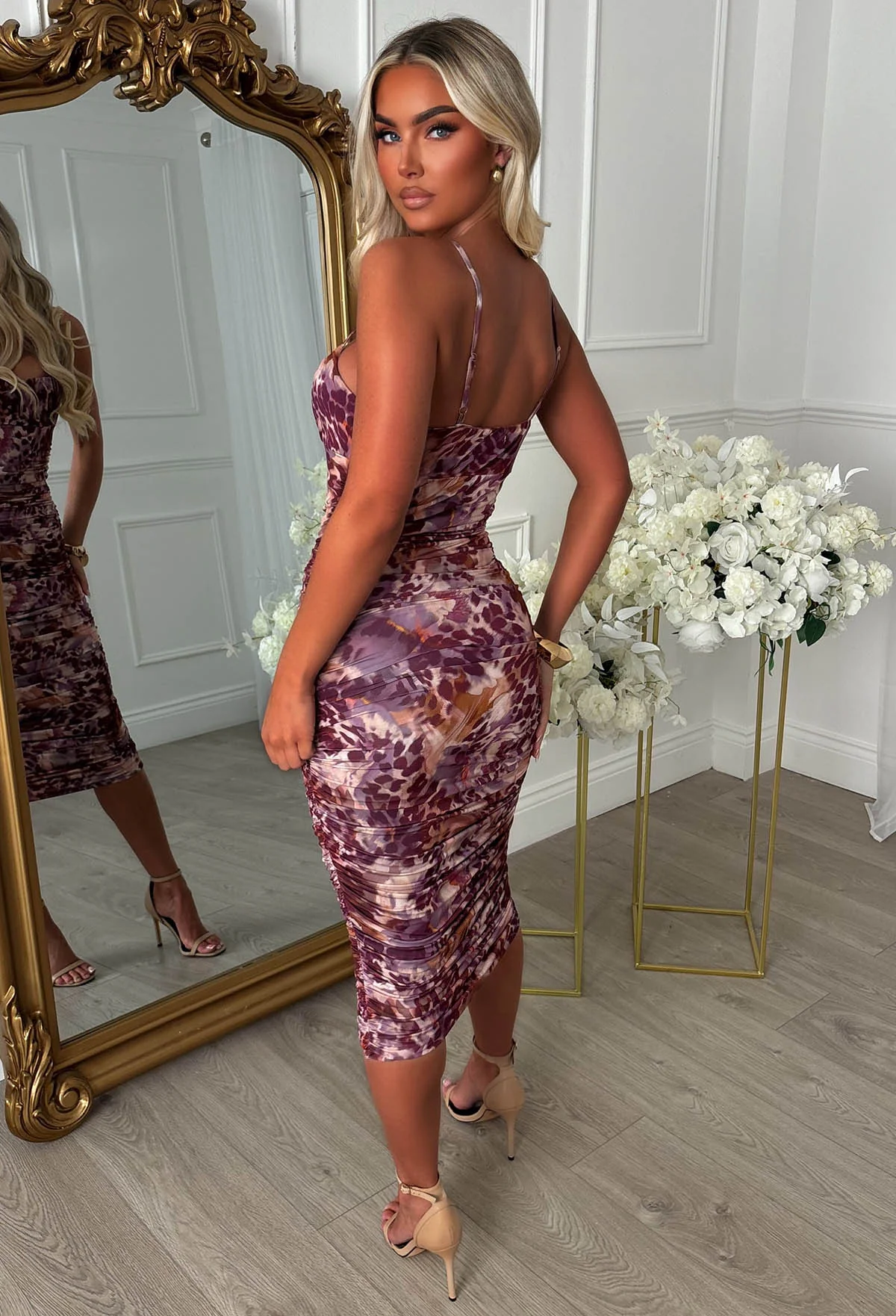 Grace Embrace Purple Print Ruched Midi Dress - Image 4