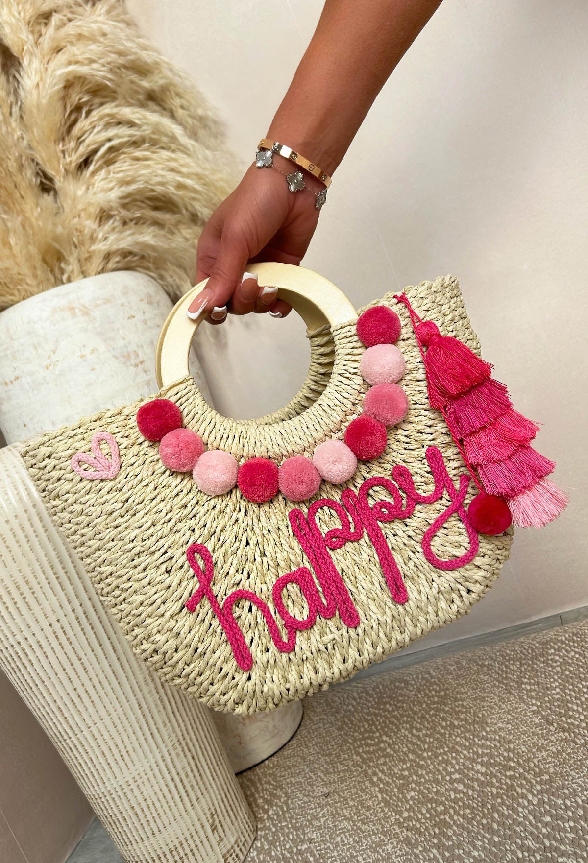 Grecian Glam Pink Embellished Straw Bag - Image 2