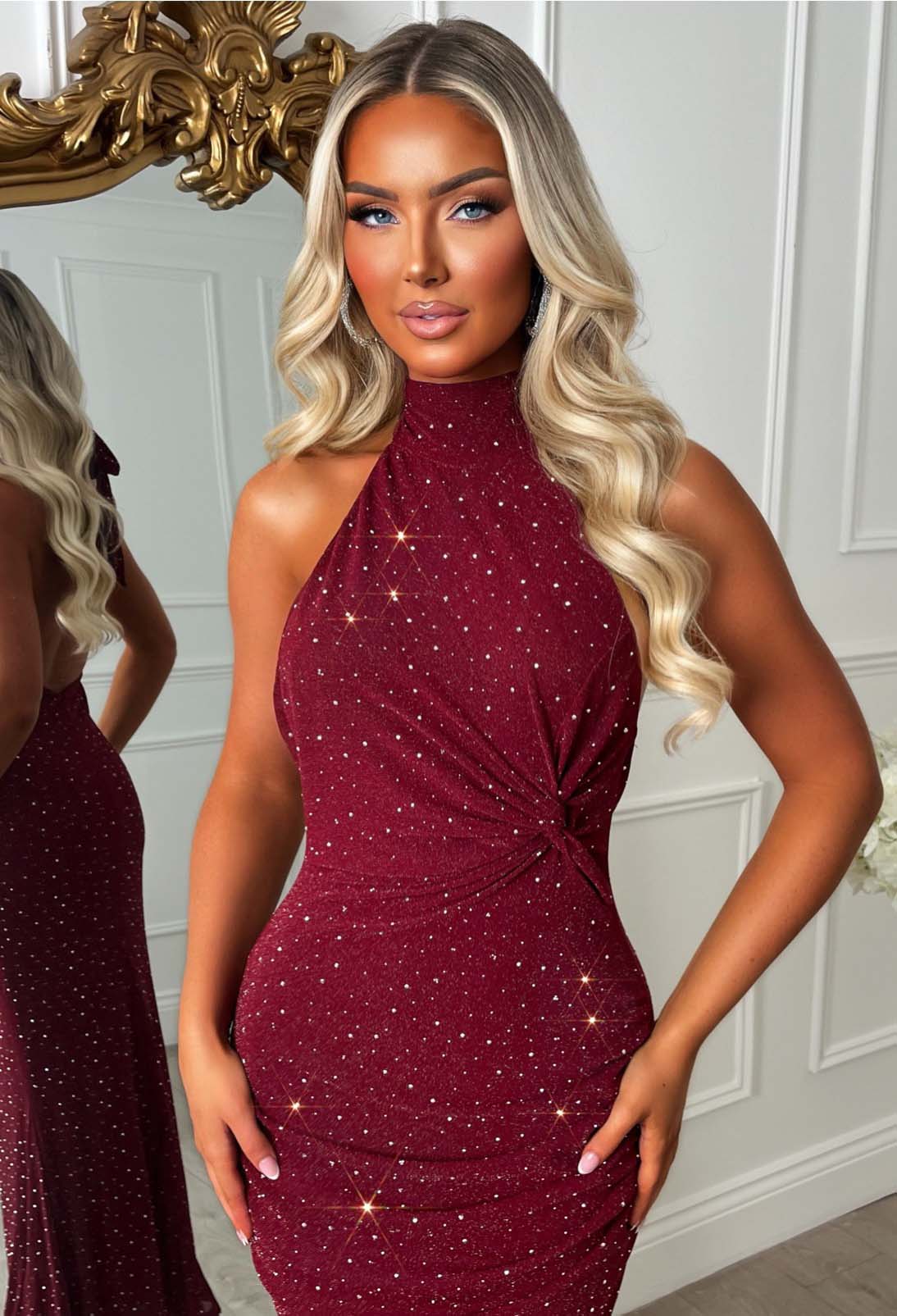 Halo Effect Burgundy Hot Fix Halter Twist Midaxi Dress - Image 4