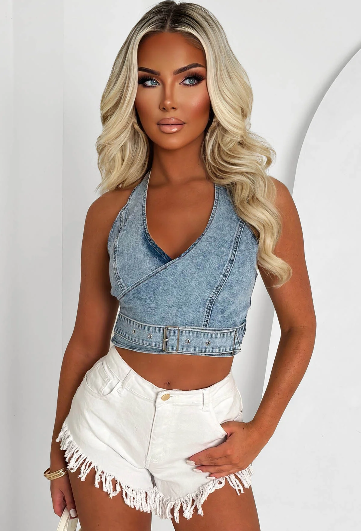 Halter Perspective Light Wash Stretch Denim Buckled Top