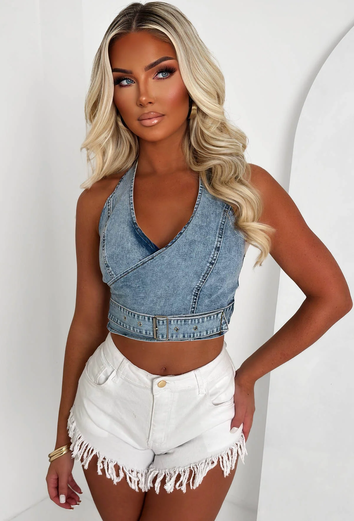 Halter Perspective Light Wash Stretch Denim Buckled Top - Image 4
