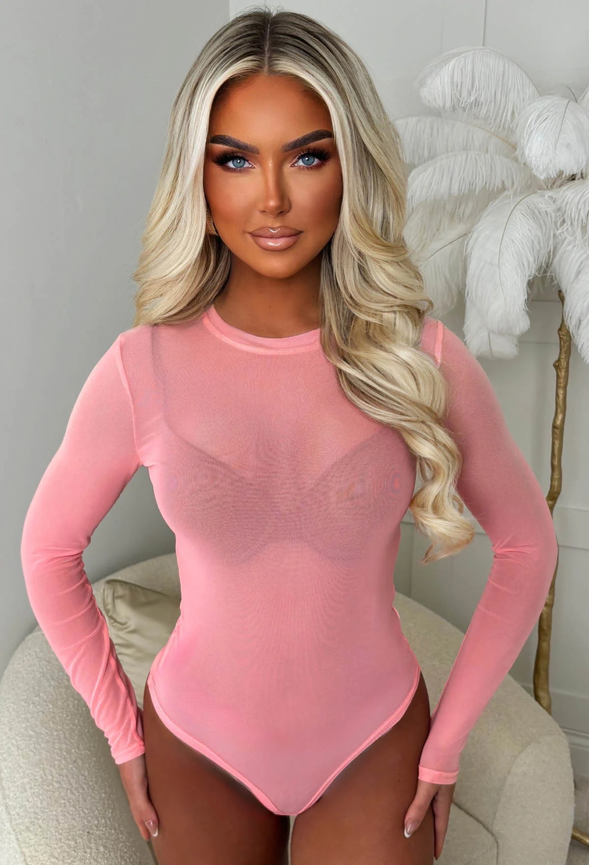 Hard To Miss Coral Sheer Mesh Bodysuit - Image 3