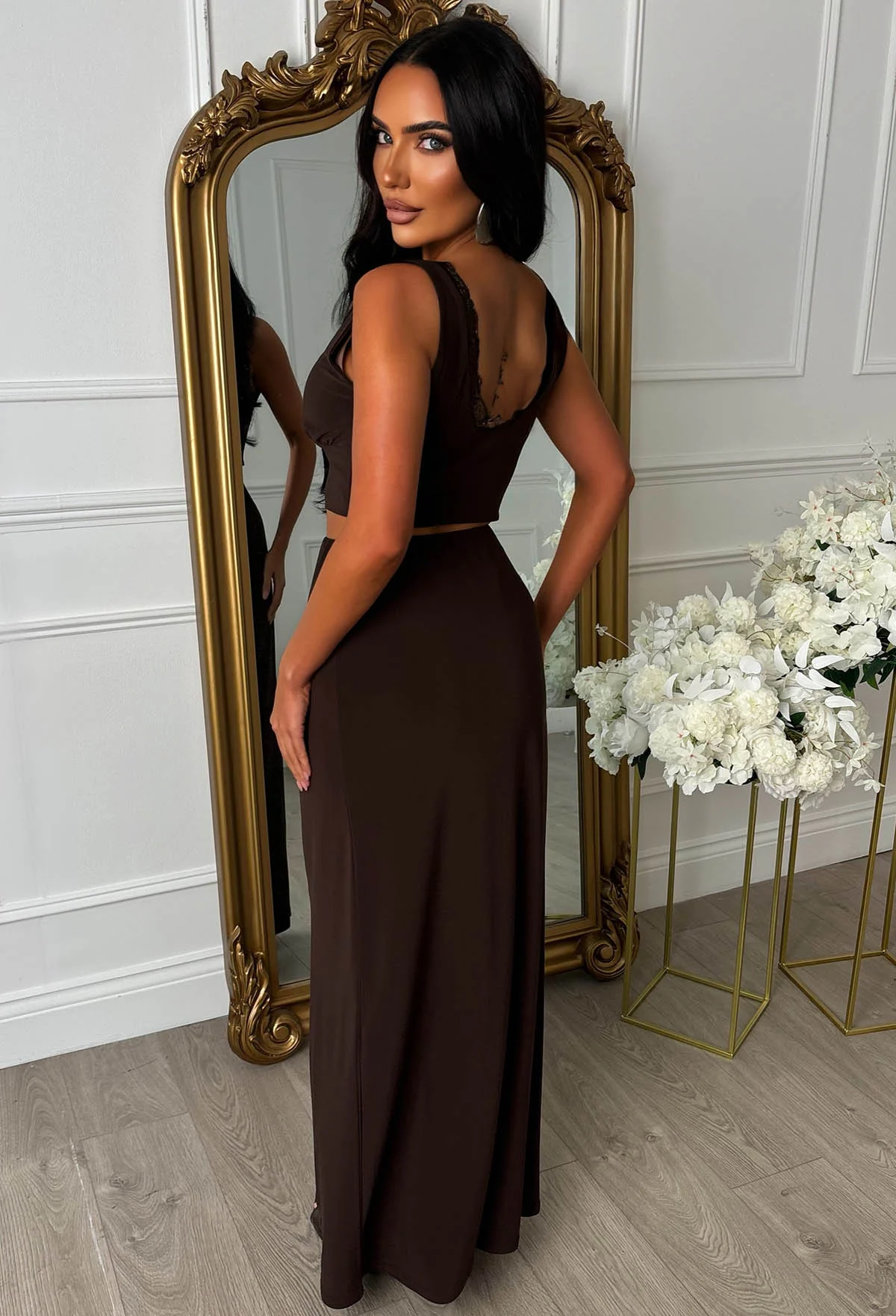 Haute For You Chocolate Brown Lace Trim Detail Skirt Co-Ord Set - Image 2