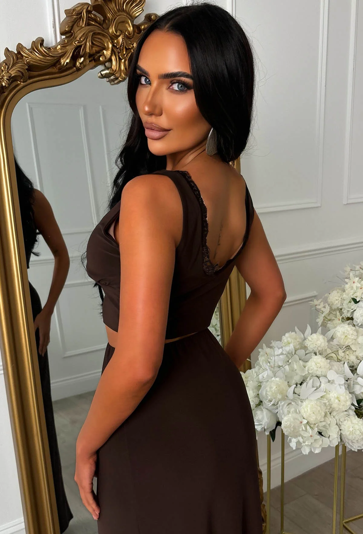 Haute For You Chocolate Brown Lace Trim Detail Skirt Co-Ord Set - Image 4