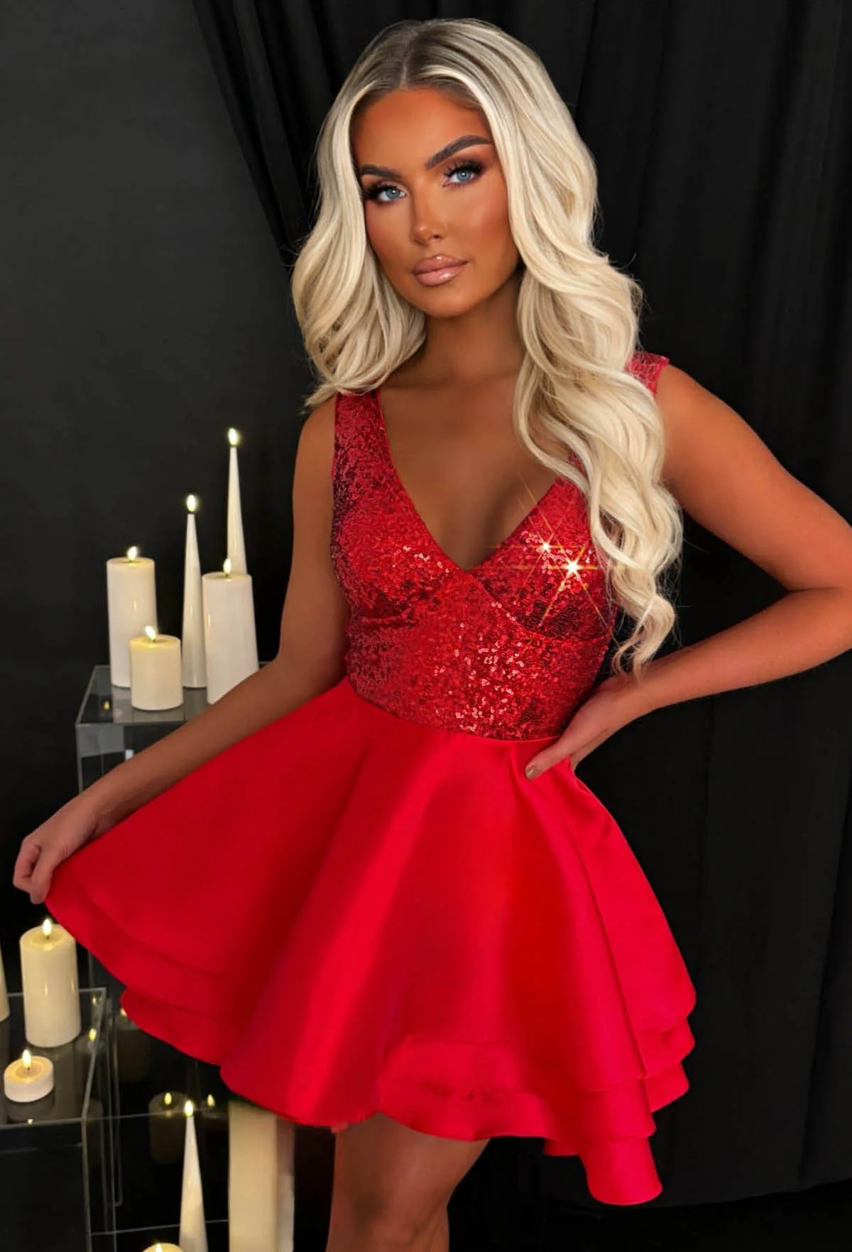 Heart Broken Red Sequin Multi Layer Skater Dress - Image 2