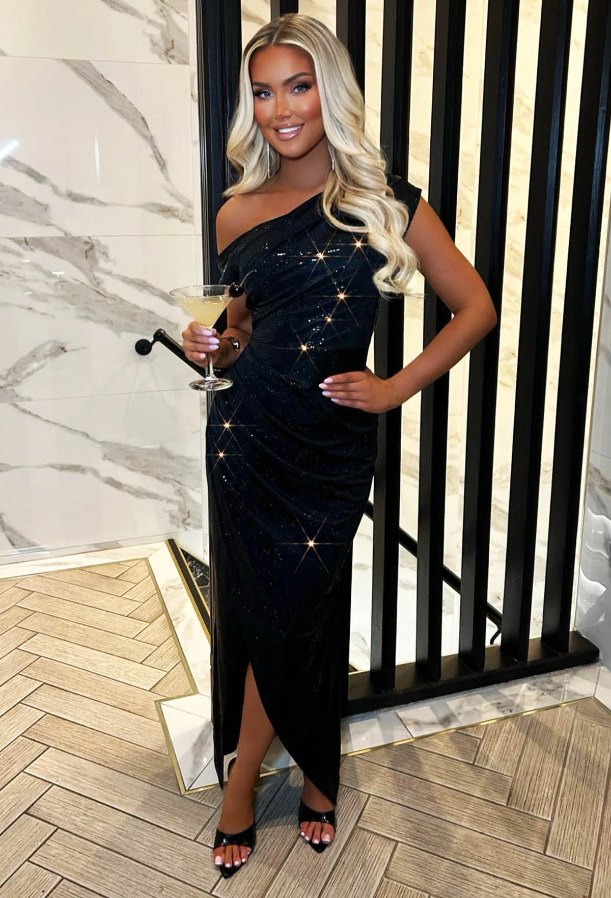 Heart Of Glass Black Off The Shoulder Ruched Sparkle Foil Midaxi Dress - Image 4