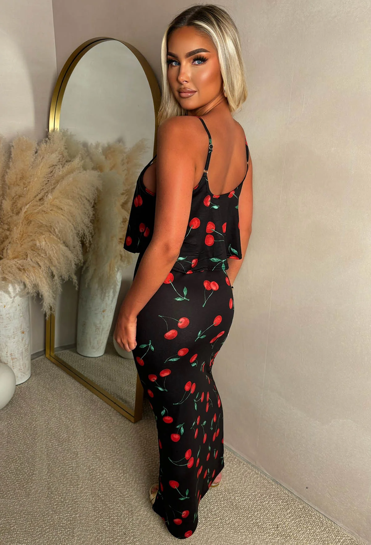 Heatwave Cherries Black Super Soft Comfort Jersey Frill Maxi Dress - Image 2