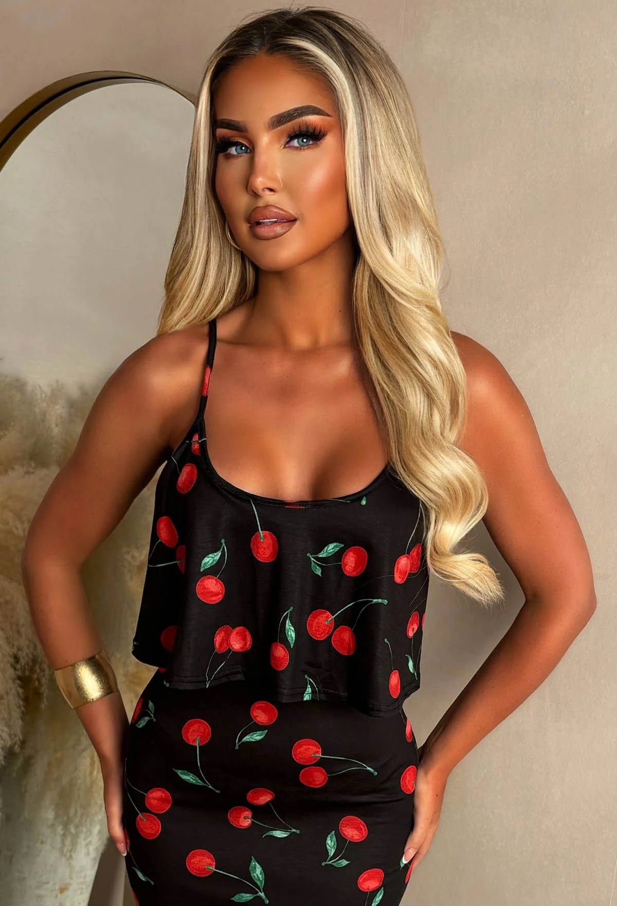 Heatwave Cherries Black Super Soft Comfort Jersey Frill Maxi Dress - Image 3