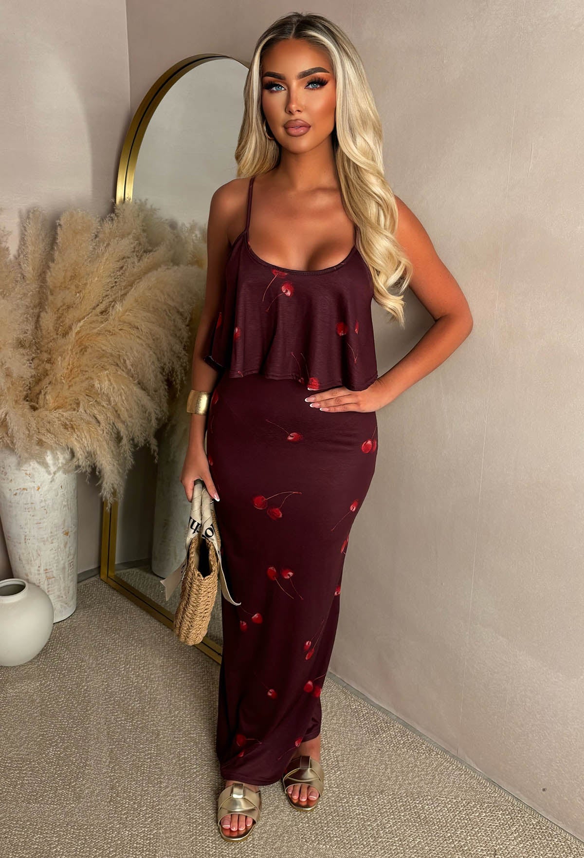 Heatwave Cherries Burgundy Super Soft Comfort Jersey Frill Maxi Dress - Image 2